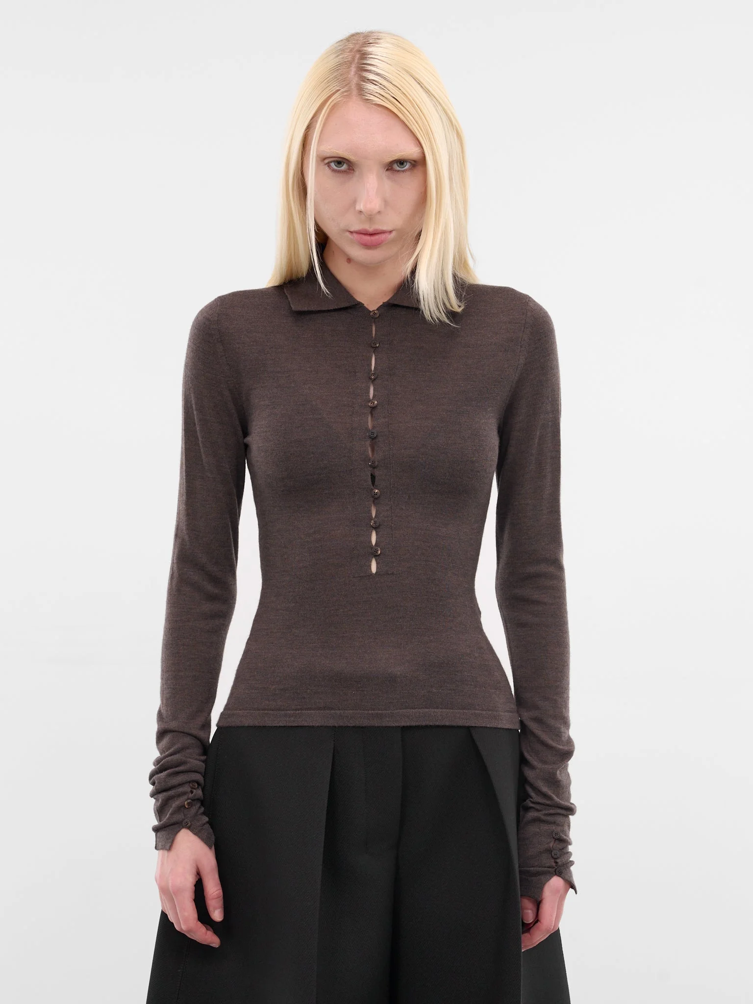 Brown Merino Long Sleeve Polo - 1