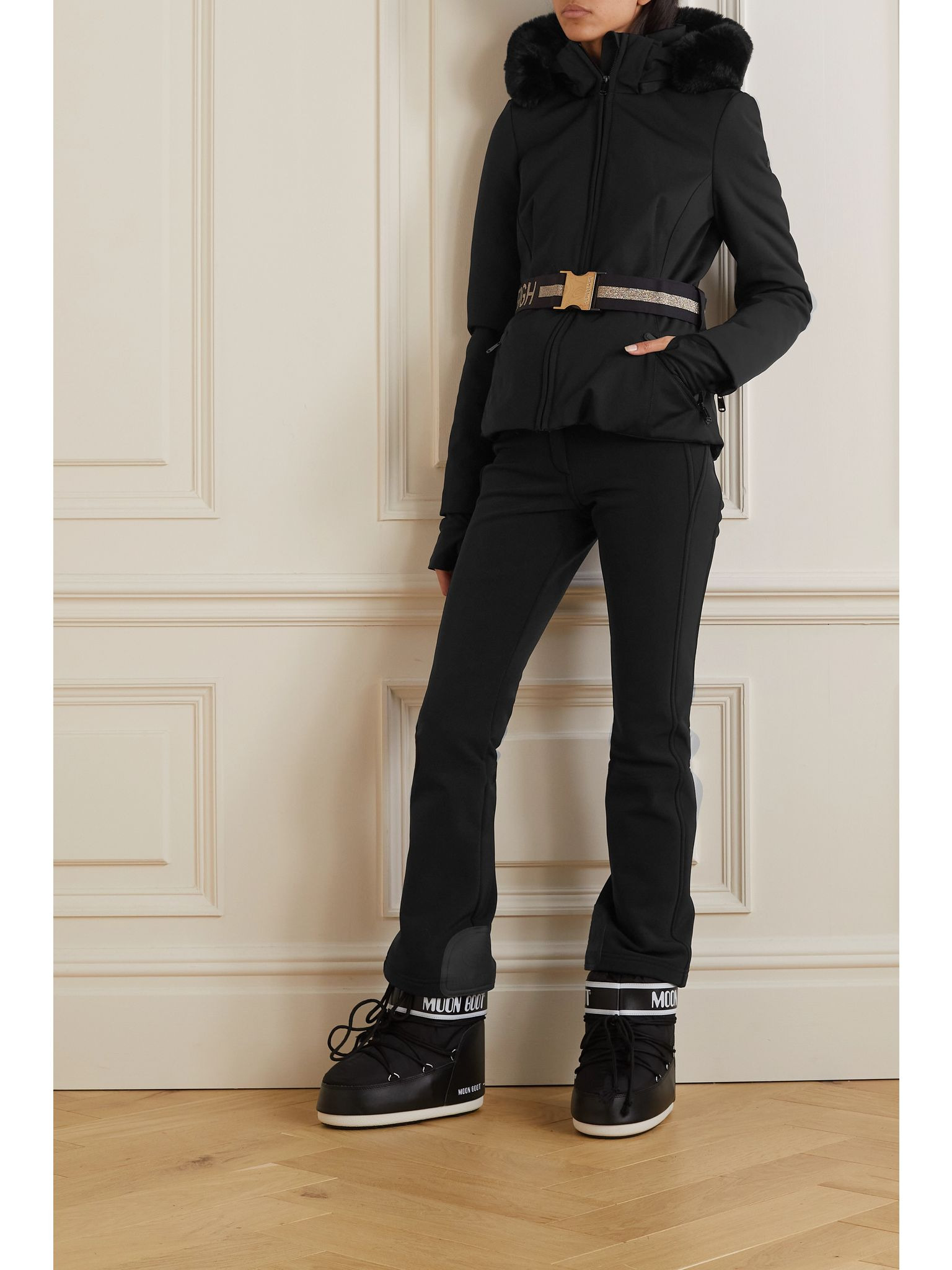 Hida hooded belted faux fur-trimmed down ski jacket Black - 2