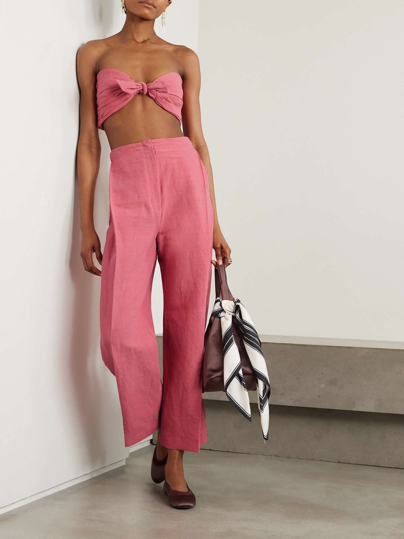 TOVE Awa cropped tie-front gathered stretch linen and cotton-blend top outlook