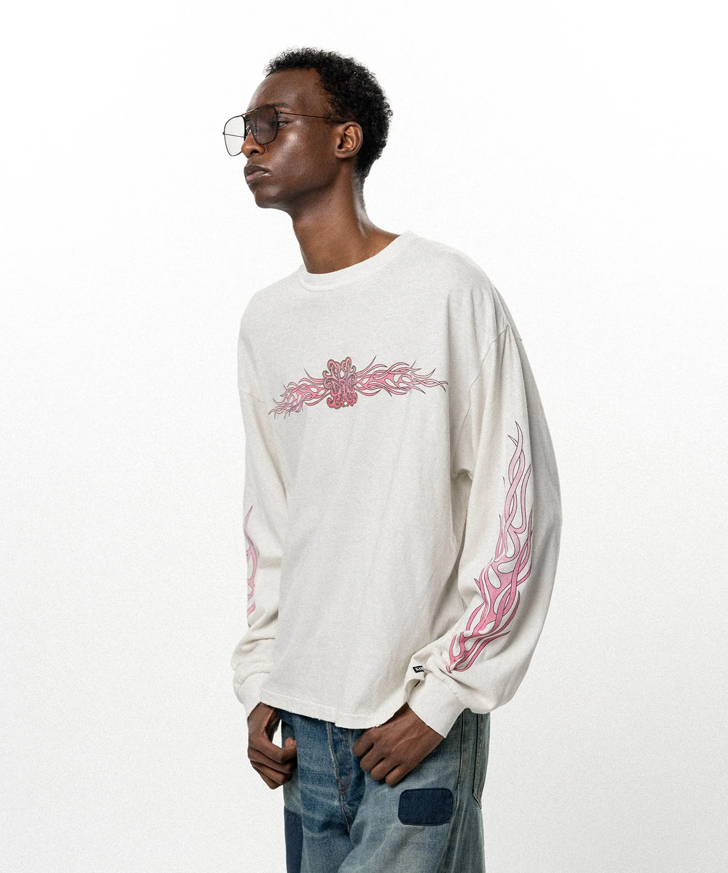"FLAME KMY" Distressed L/S T-shirt - 1