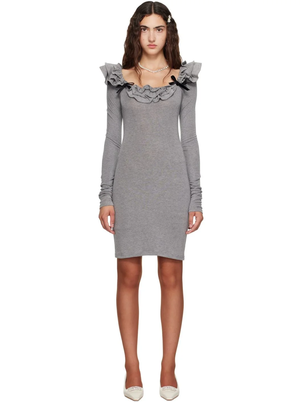 Gray Lace Trim Stretch Fitted Minidress - 1
