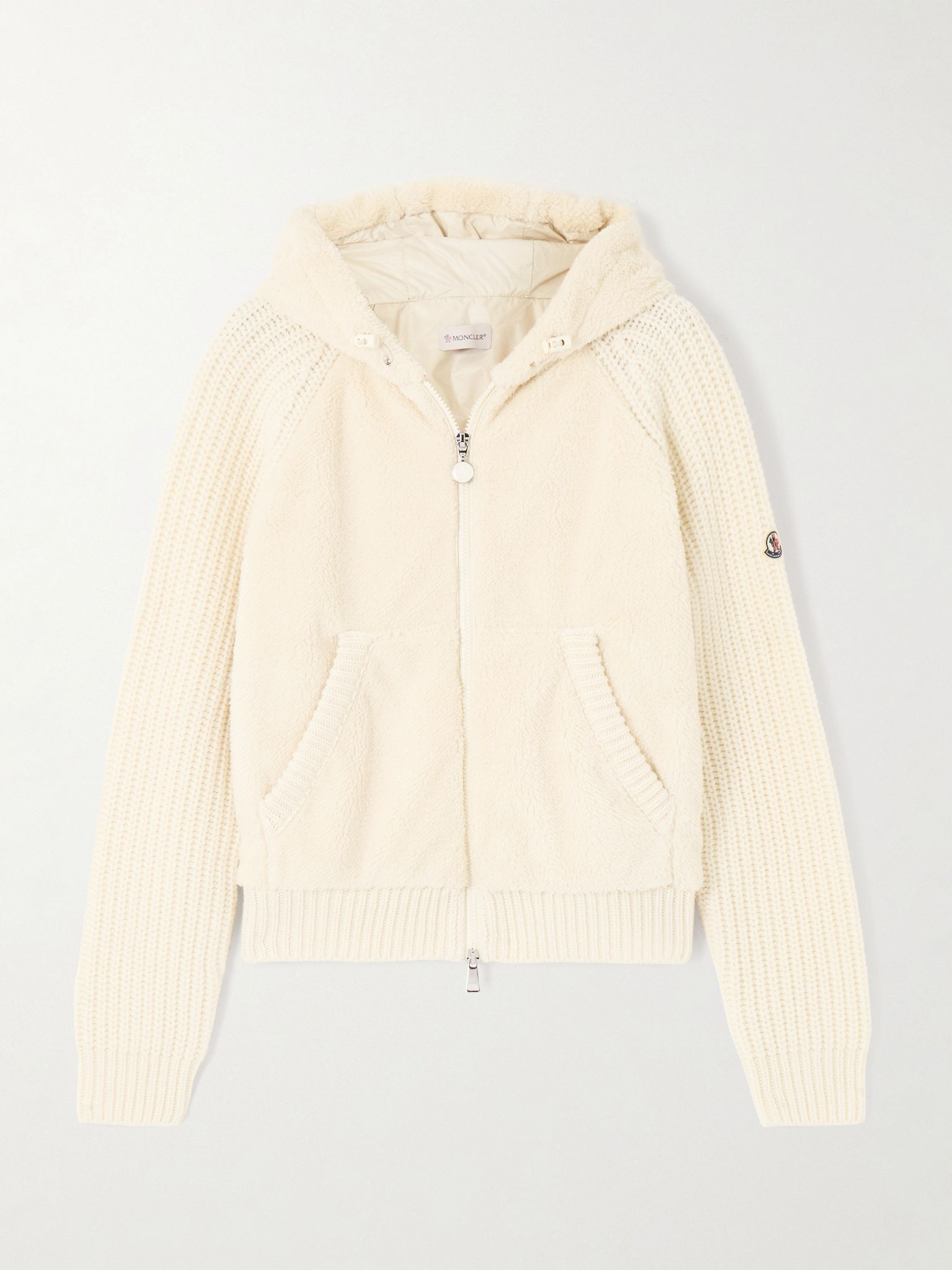 Hooded fleece and ribbed wool jacket Cream - 1