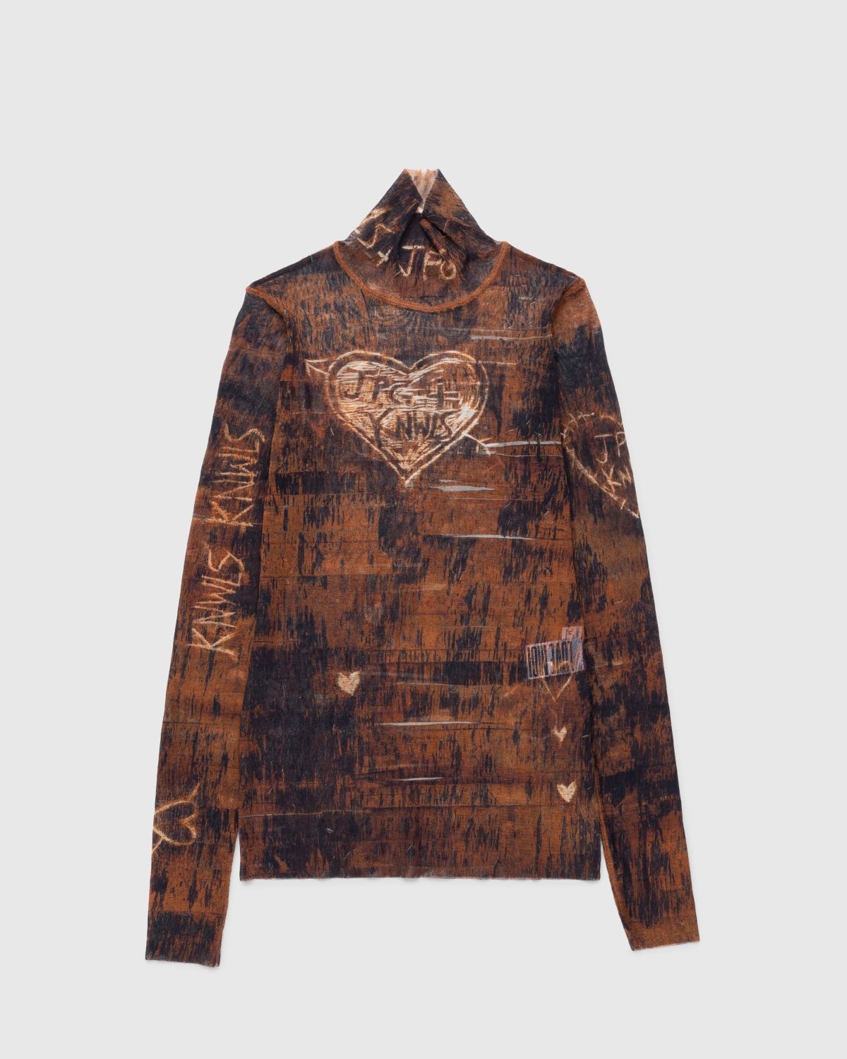 Jean Paul Gaultier – High Neck Longsleeve Printed Wood Top Brown/Ecru - 1