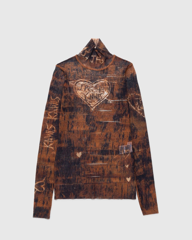 Jean Paul Gaultier – High Neck Longsleeve Printed Wood Top Brown/Ecru 1