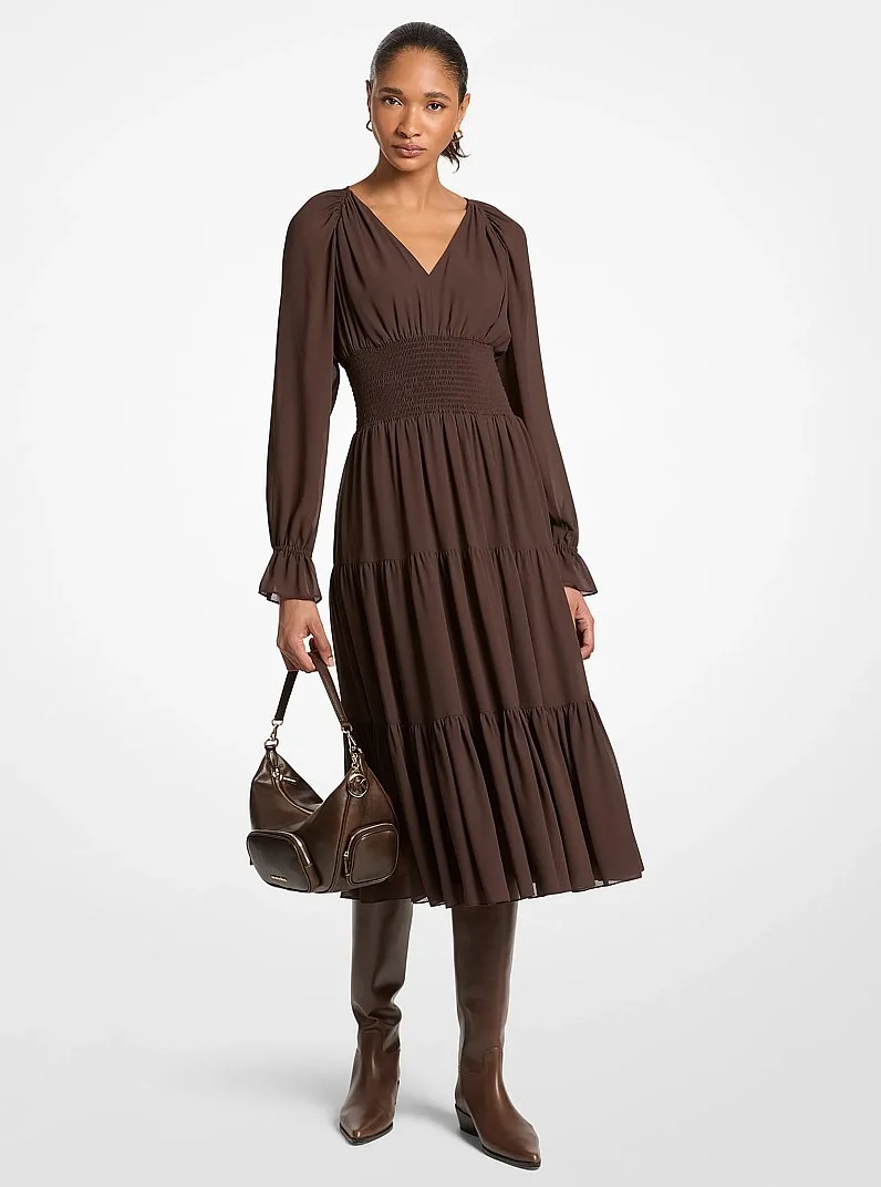 Smocked Georgette Midi Dress - 1