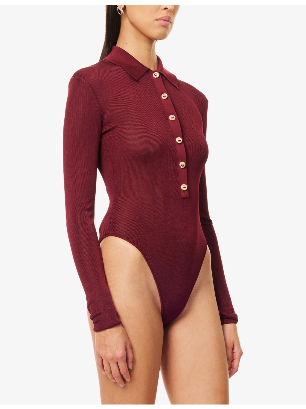 Long-Sleeve Viscose Polo Knit Bodysuit - 3