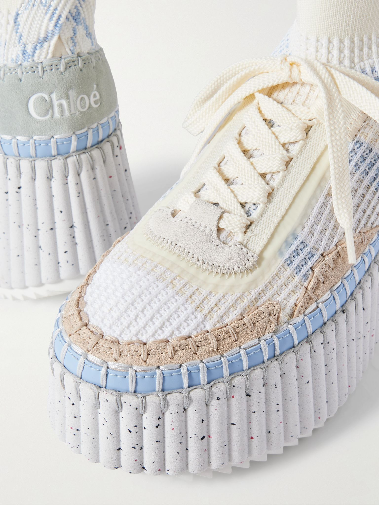 Nama Leather-trimmed embroidered suede and mesh platform sneakers White - 4