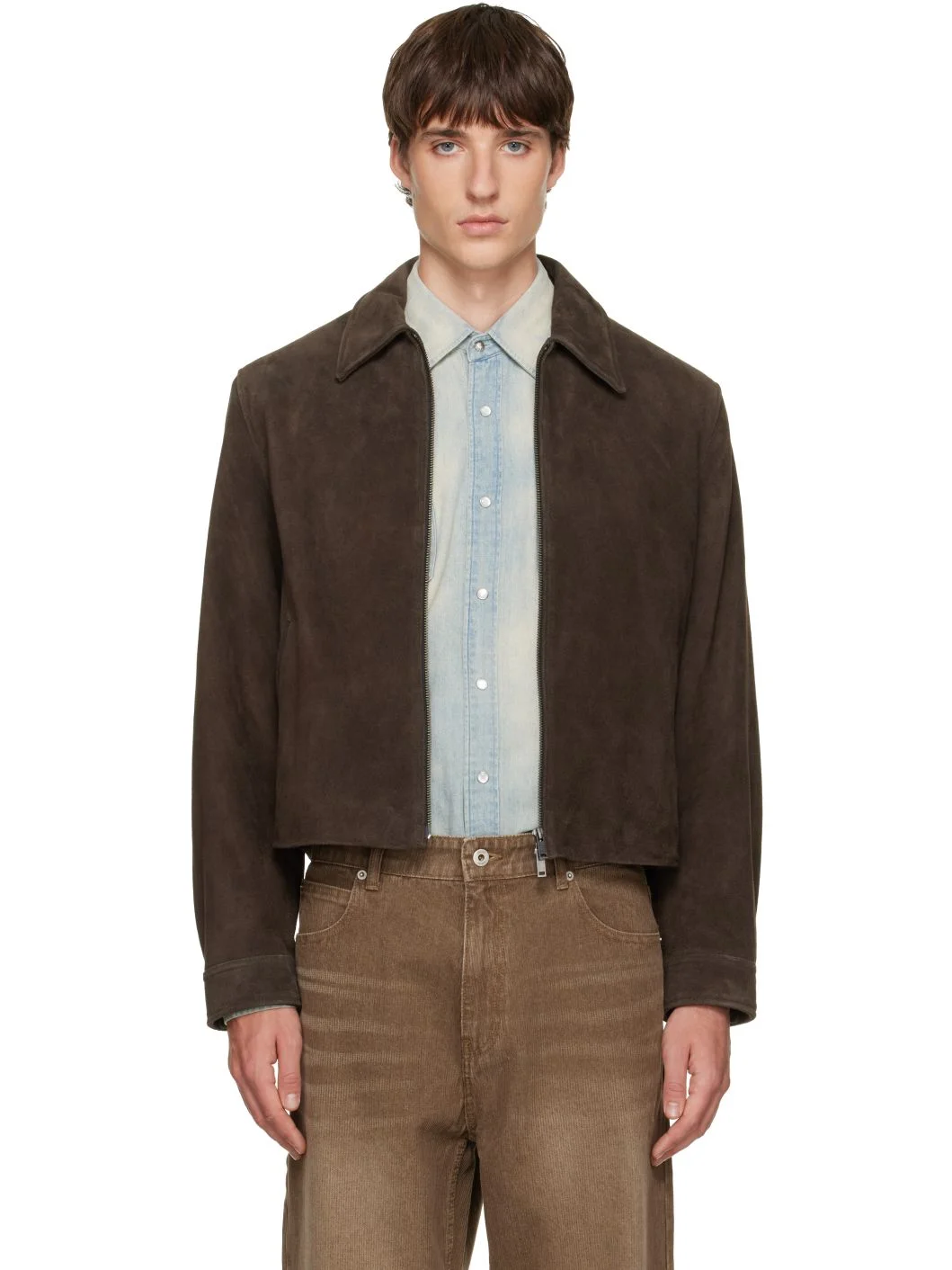 Brown Split Zippered Suede Jacket - 1