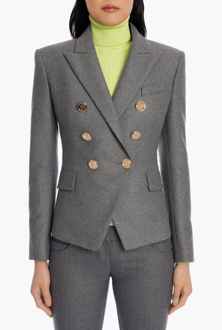 Heather gray wool blazer with gold-tone double-breasted buttoned closure - 5