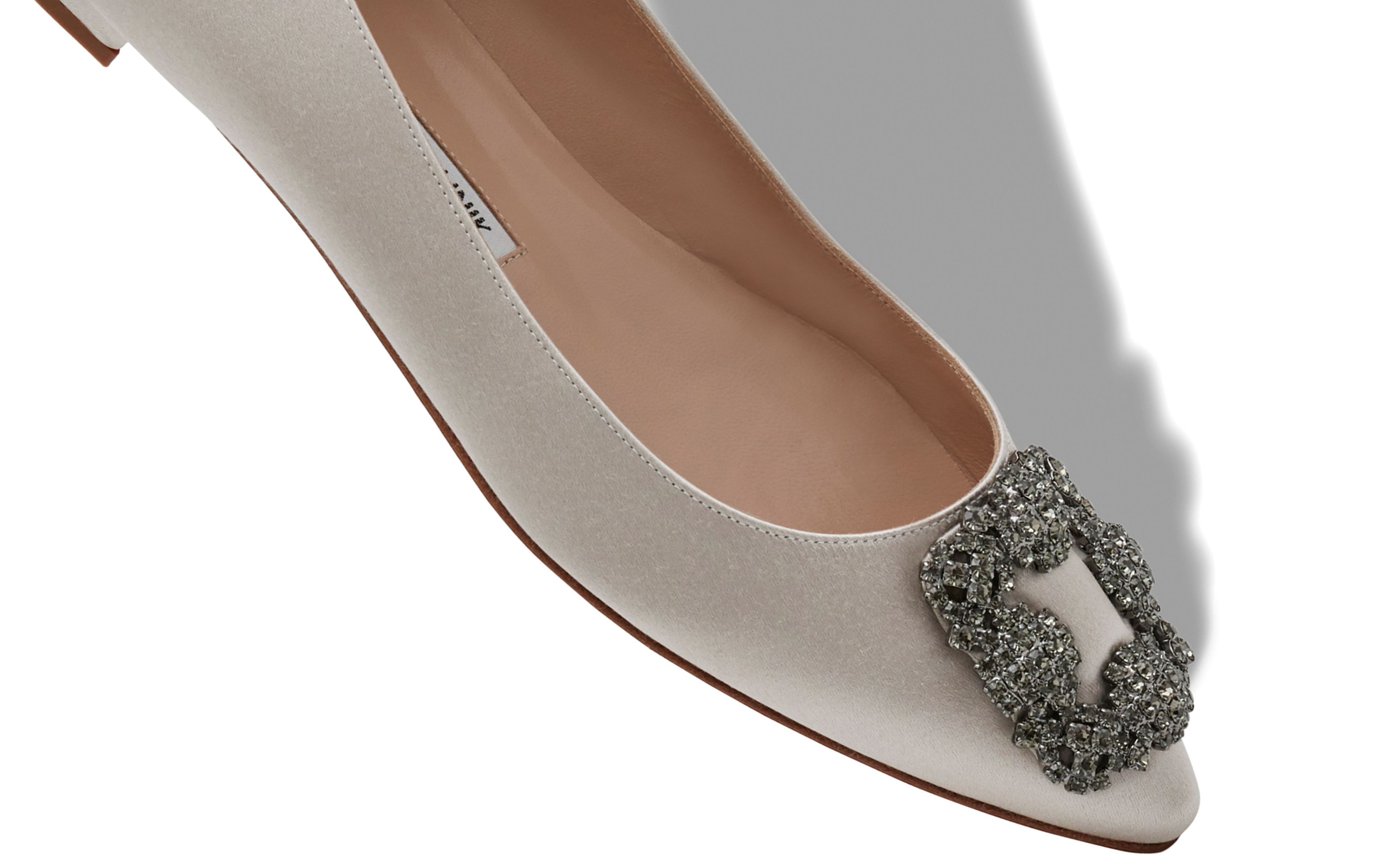 Light Grey Satin Jewel Buckle Flat Shoes - 4