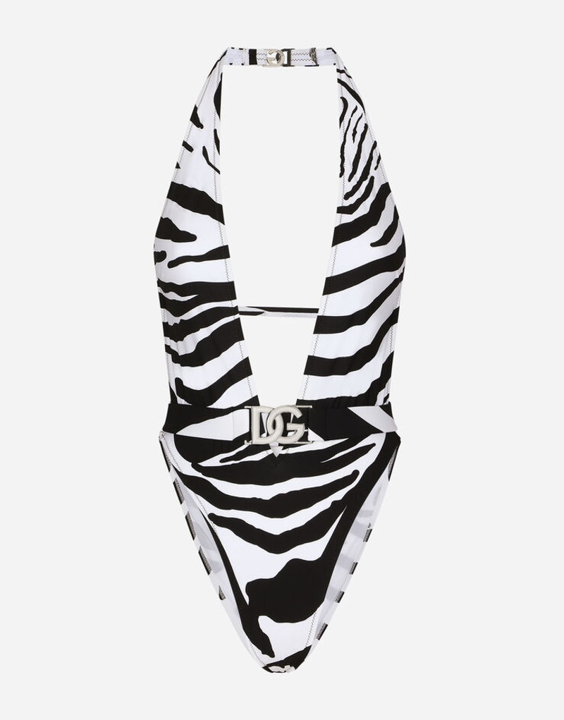 Zebra-print one-piece swimsuit with plunging neckline 1