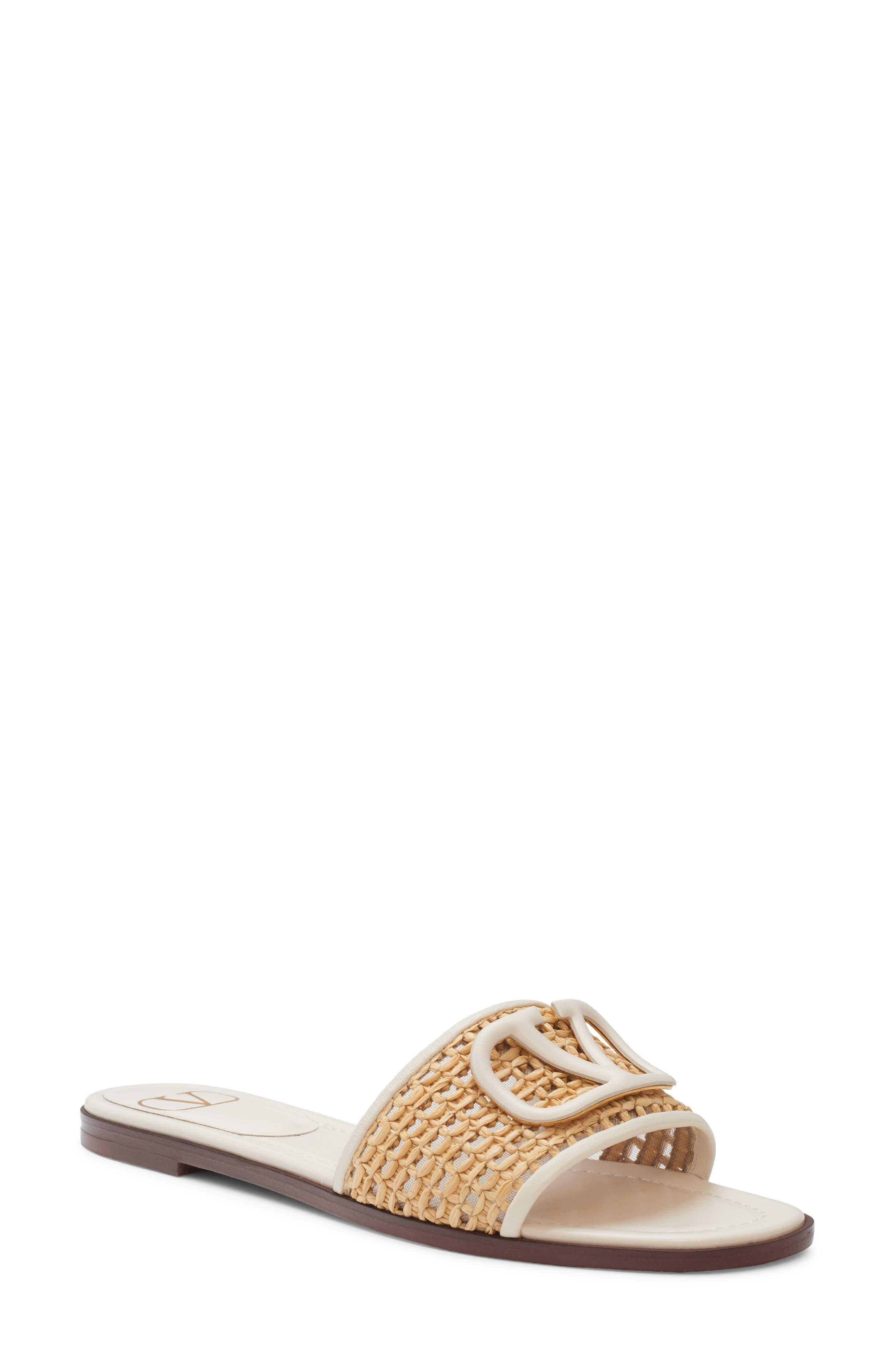 Valentino Garavani VLOGO Raffia Slide Sandal in Naturale/Light Ivory at Nordstrom - 1