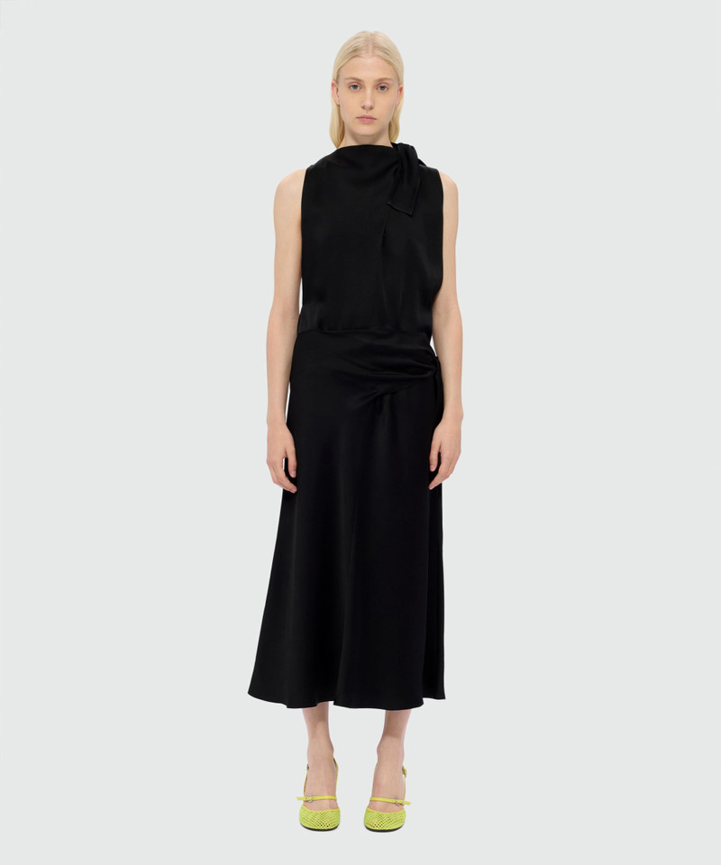 MSGM Black satin midi dress with tie belt and pareo effect outlook
