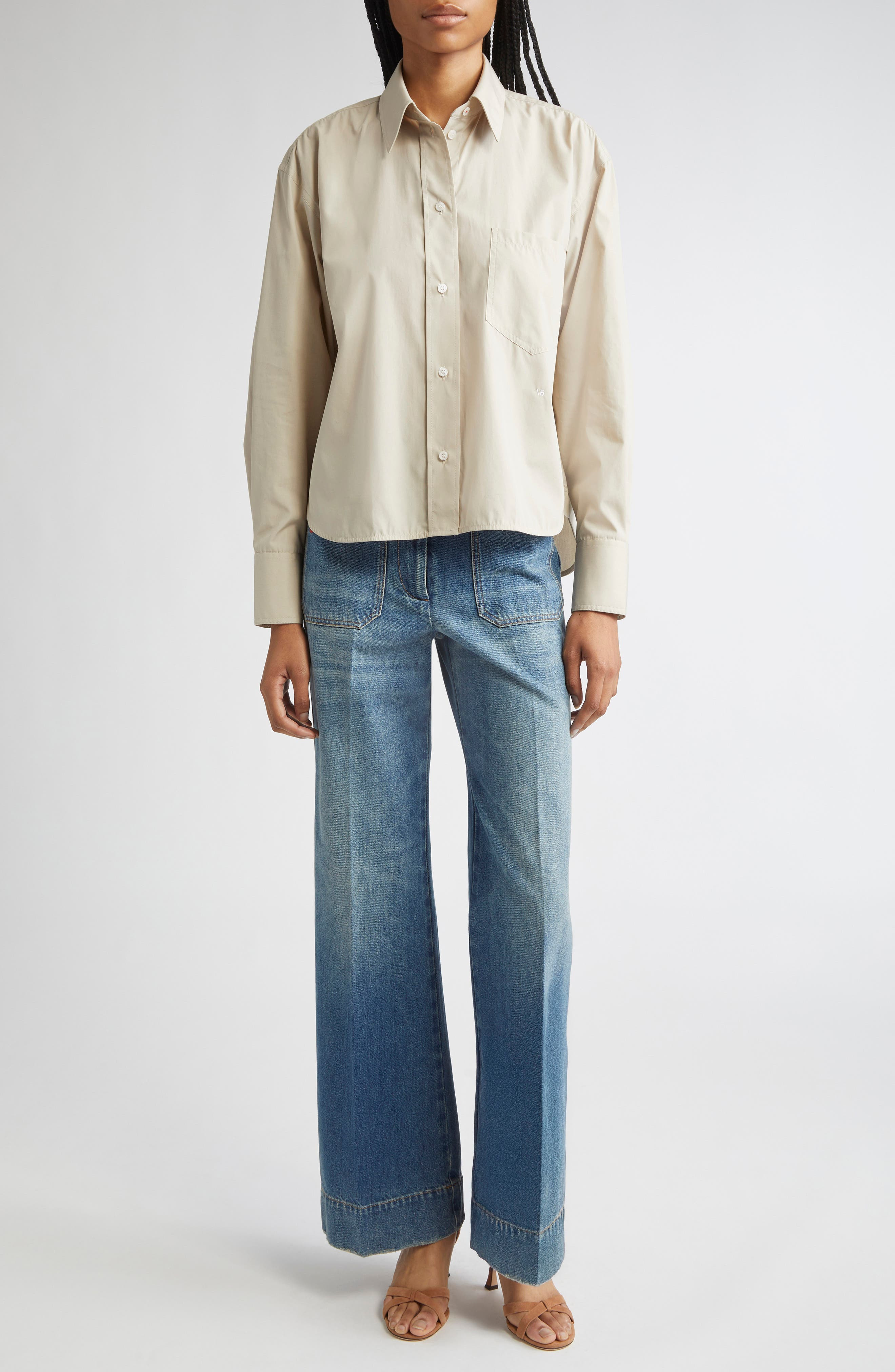 Victoria Beckham Crop Button-Up Shirt in Pumice at Nordstrom - 2