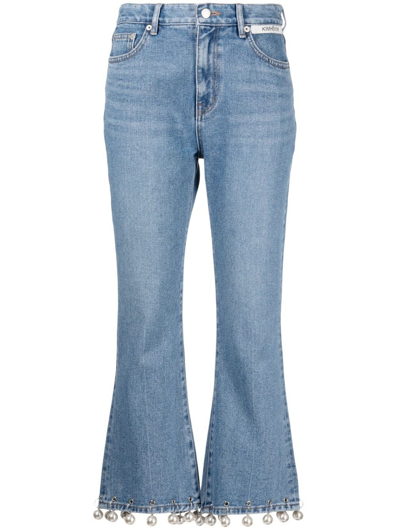 faux-pearl embellished mid-rise cropped jeans 1