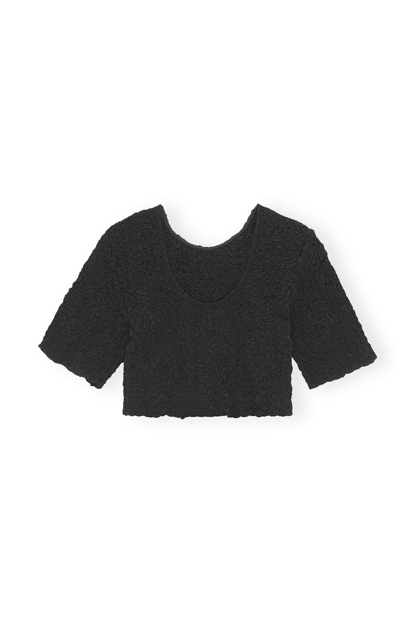 BLACK COTTON POPLIN O-NECK CROPPED SMOCK TOP - 1