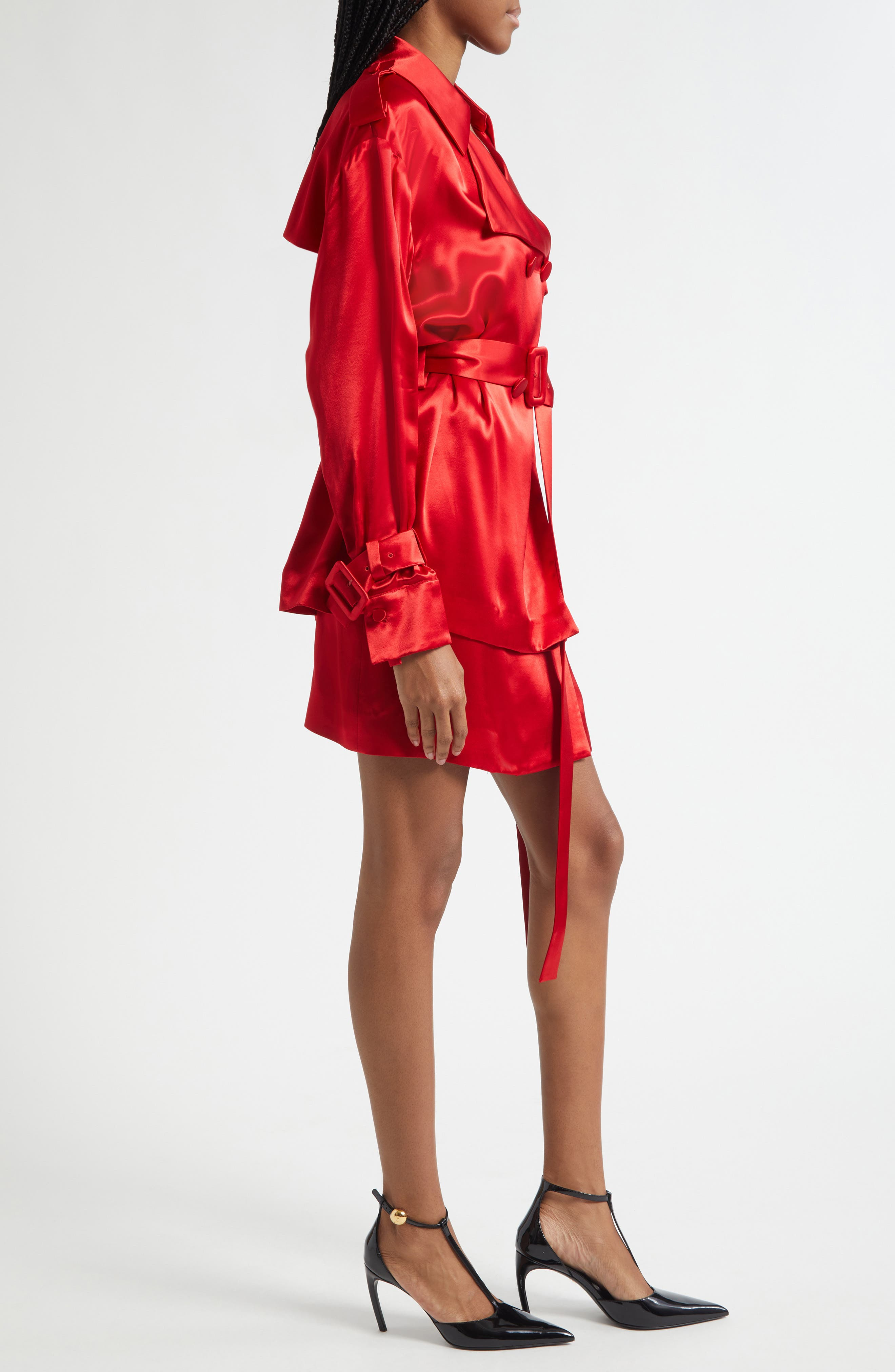 FERRAGAMO Long Sleeve Satin Trench Shirt in Dark Red at Nordstrom - 4