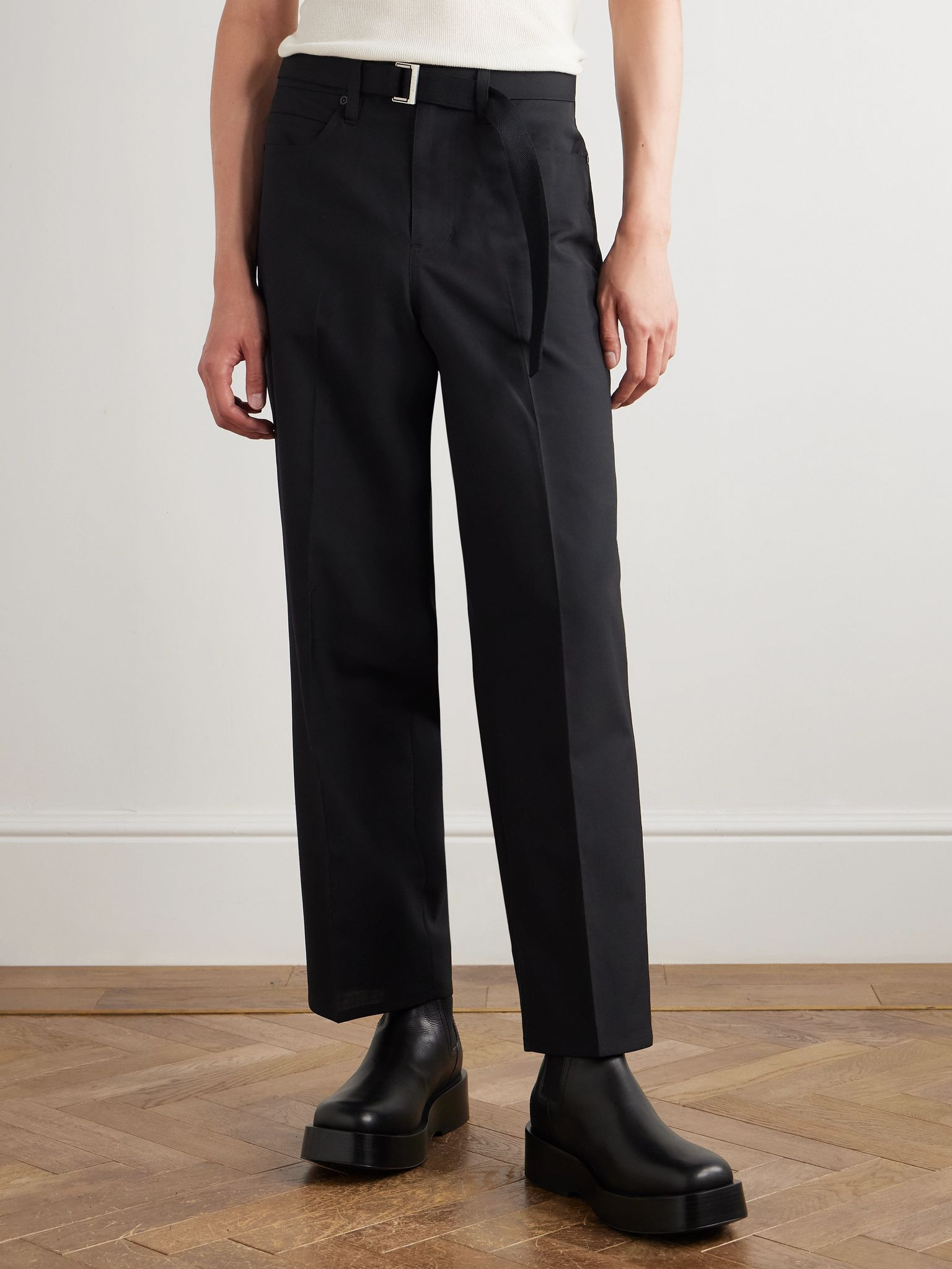Straight-Leg Belted Grain de Poudre Trousers Black - 3