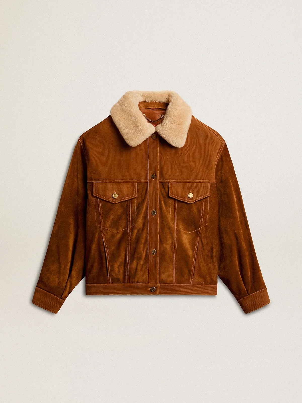 Women's jacket in tobacco-colored split leather with a shearling collar - 1