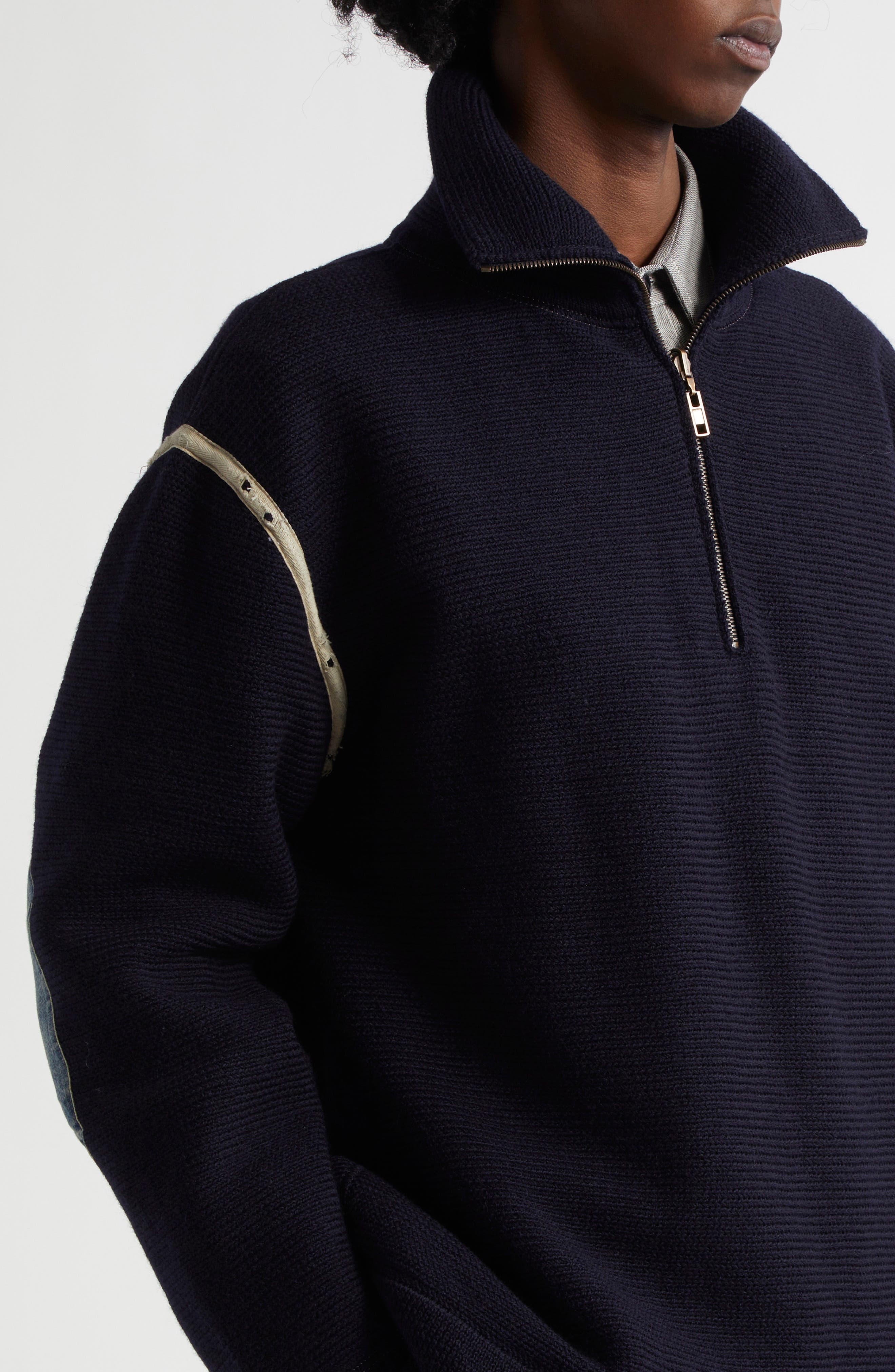 Maison Margiela Elbow Patch Half Zip Wool Pullover in Navy at Nordstrom - 6