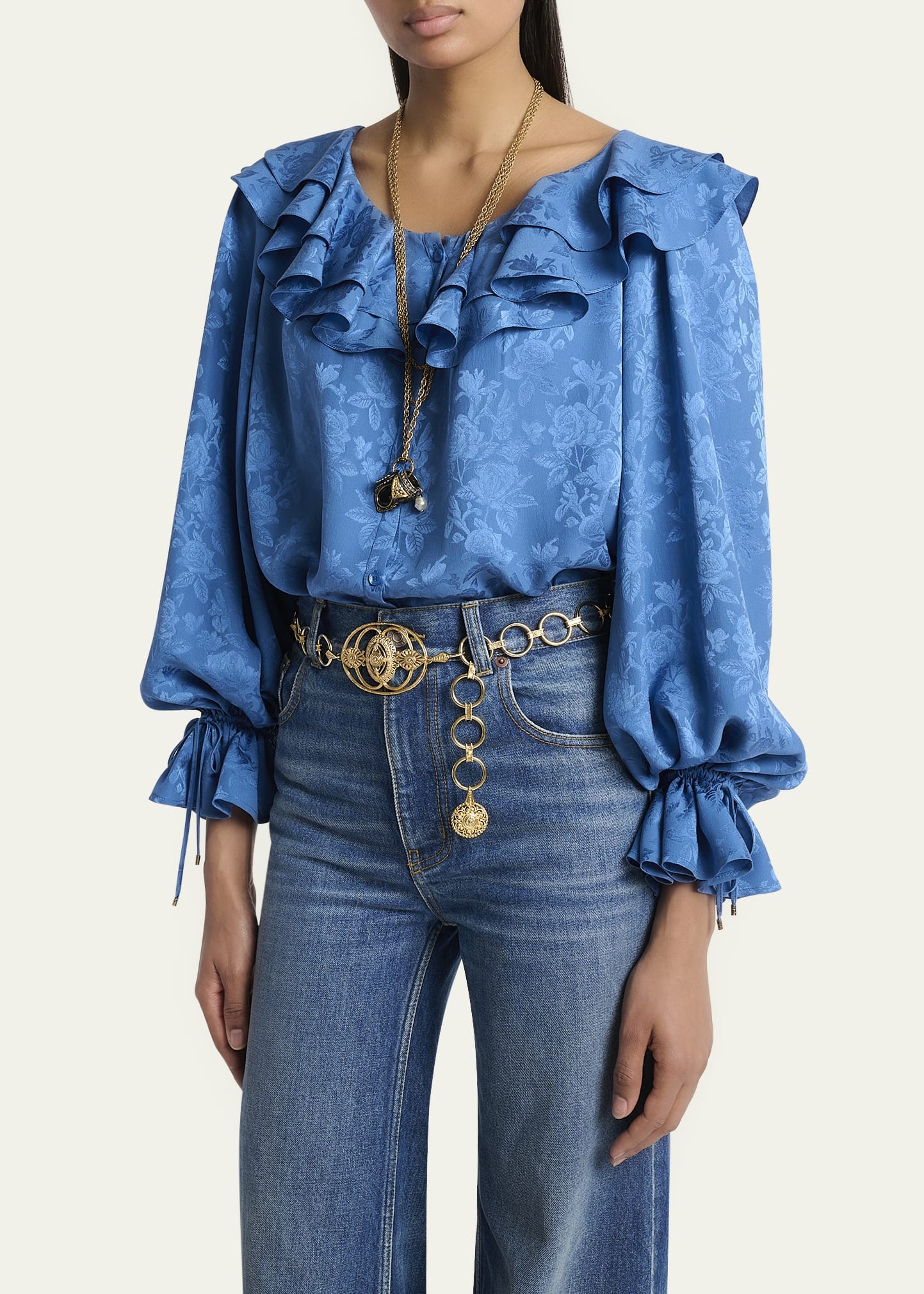 Floral Silk Jacquard Ruffle Top - 4