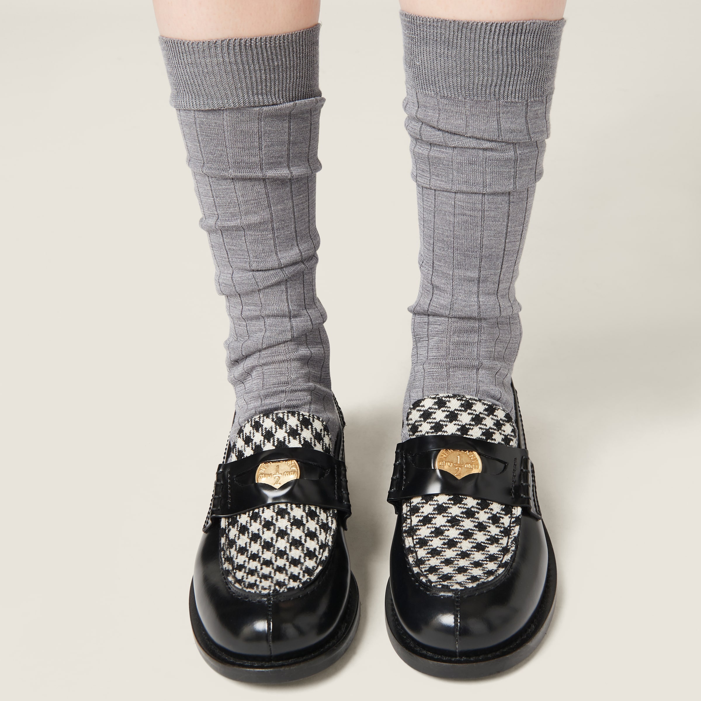 Brushed leather and gingham check fabric loafers - 5