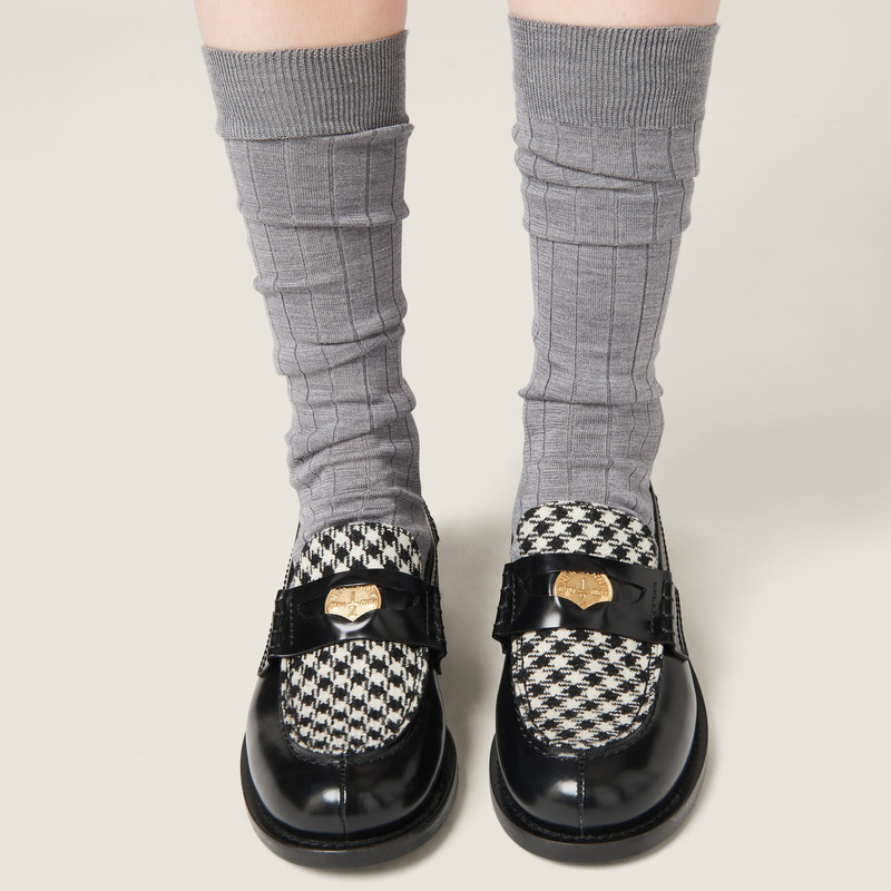 Brushed leather and gingham check fabric loafers 5