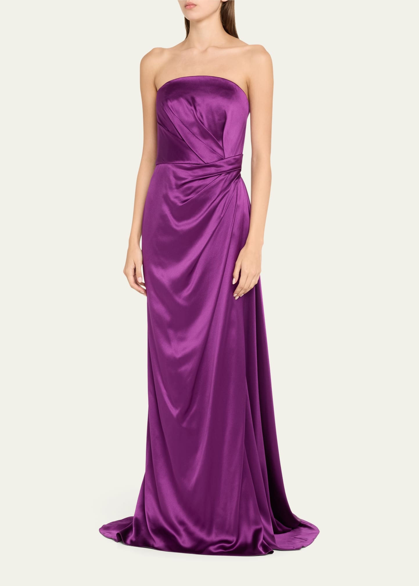 Strapless Satin Hand-Draped Gown with Slit - 4