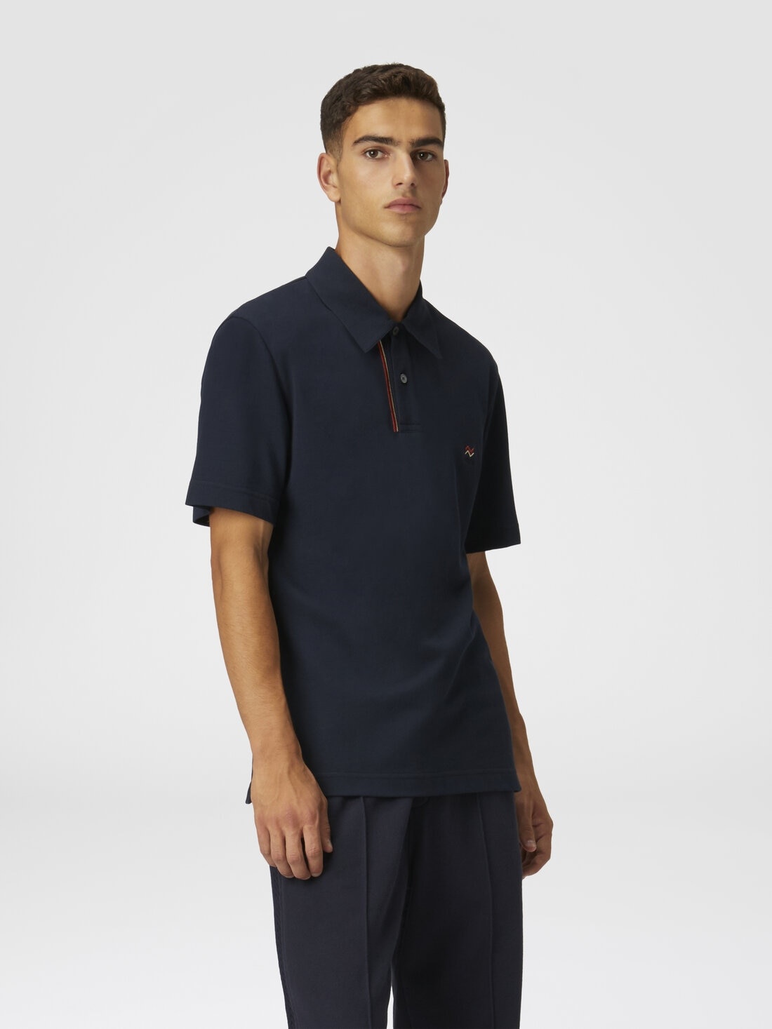 Solid color cotton piqué polo shirt with zigzag embroidery and contrasting detail - 4