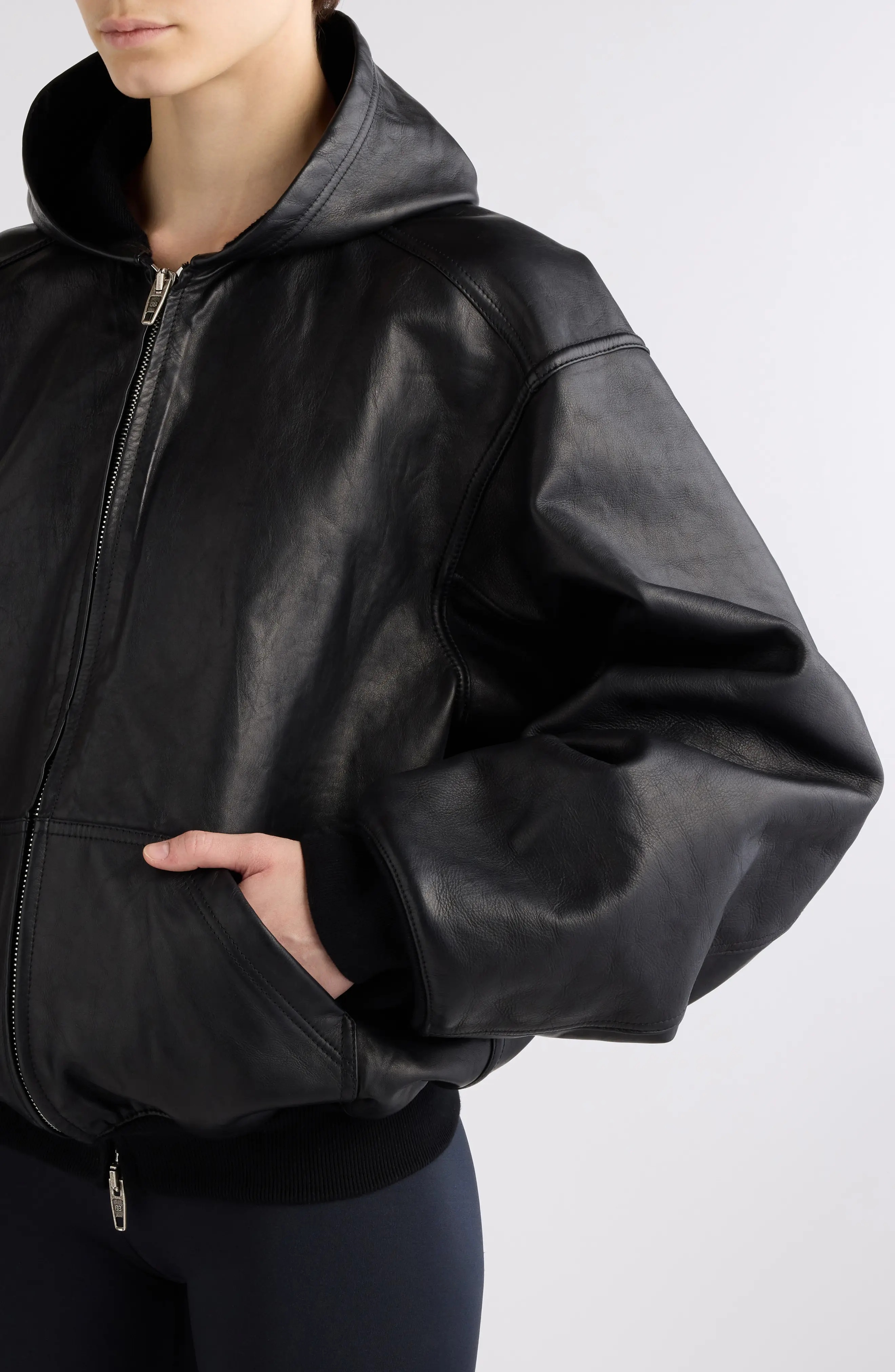 【超希少】BALENCIAGA Oversized Leather Hoodie Balenciaga - Oversized Full-Grain Leather Hoodie - Black