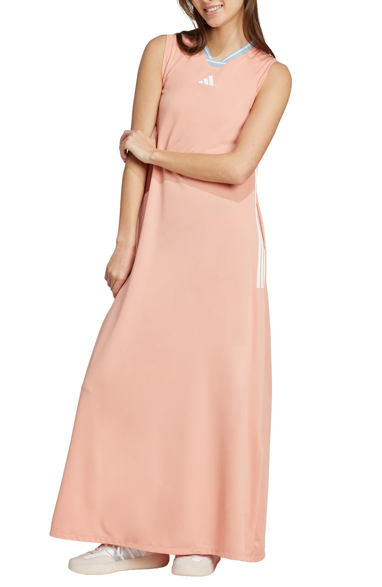 adidas Tiro Recycled Polyester Maxi Dress in Ambient Blush/White at Nordstrom - 1