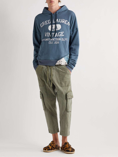 Greg Lauren Distressed Logo-Print Cotton-Jersey, Waffle-Knit and Denim Hoodie outlook