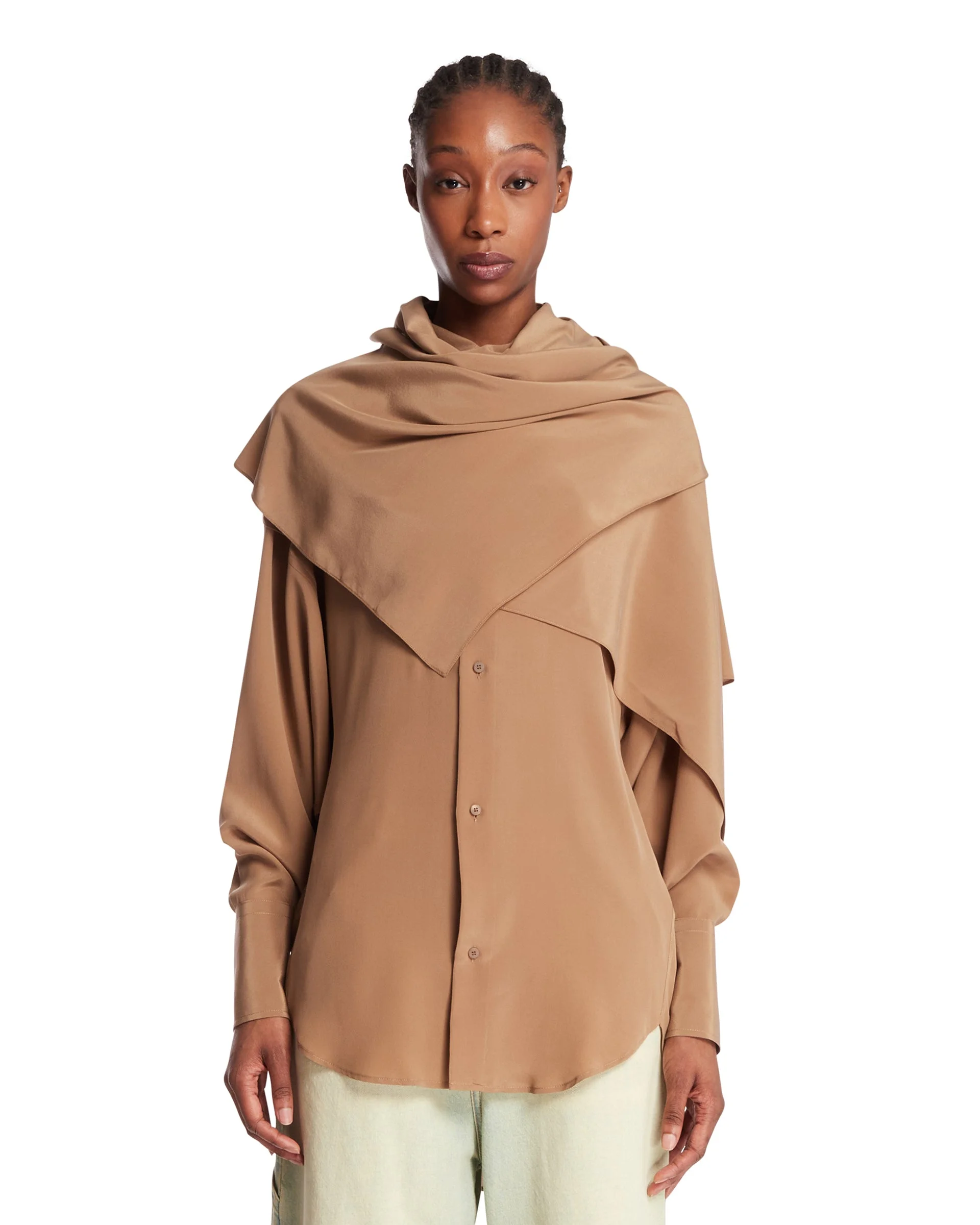 Beige Silk Shirt with Scarf - 1