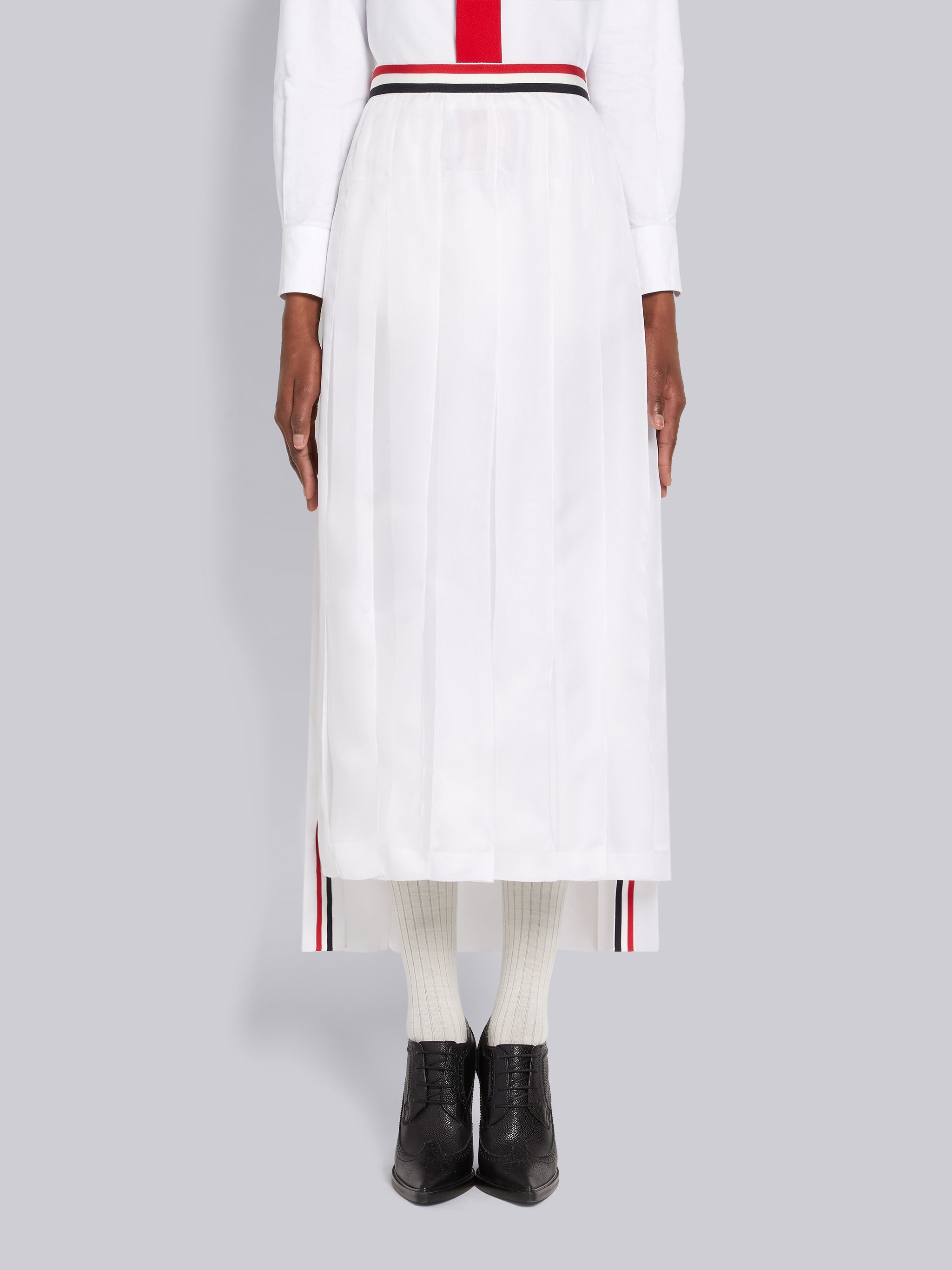 White Double Silk Organza Stripe Waistband Dropped Back Trouser Length Pleated Skirt - 1