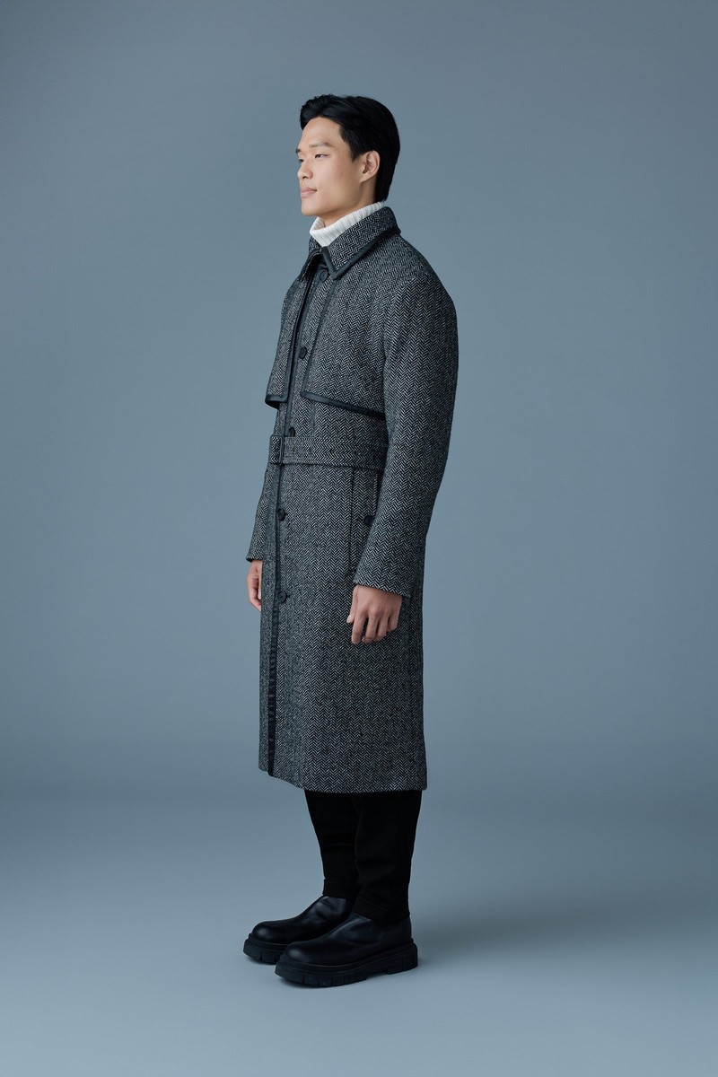 CORBIN-HB Herringbone wool trench coat with leather detail 3