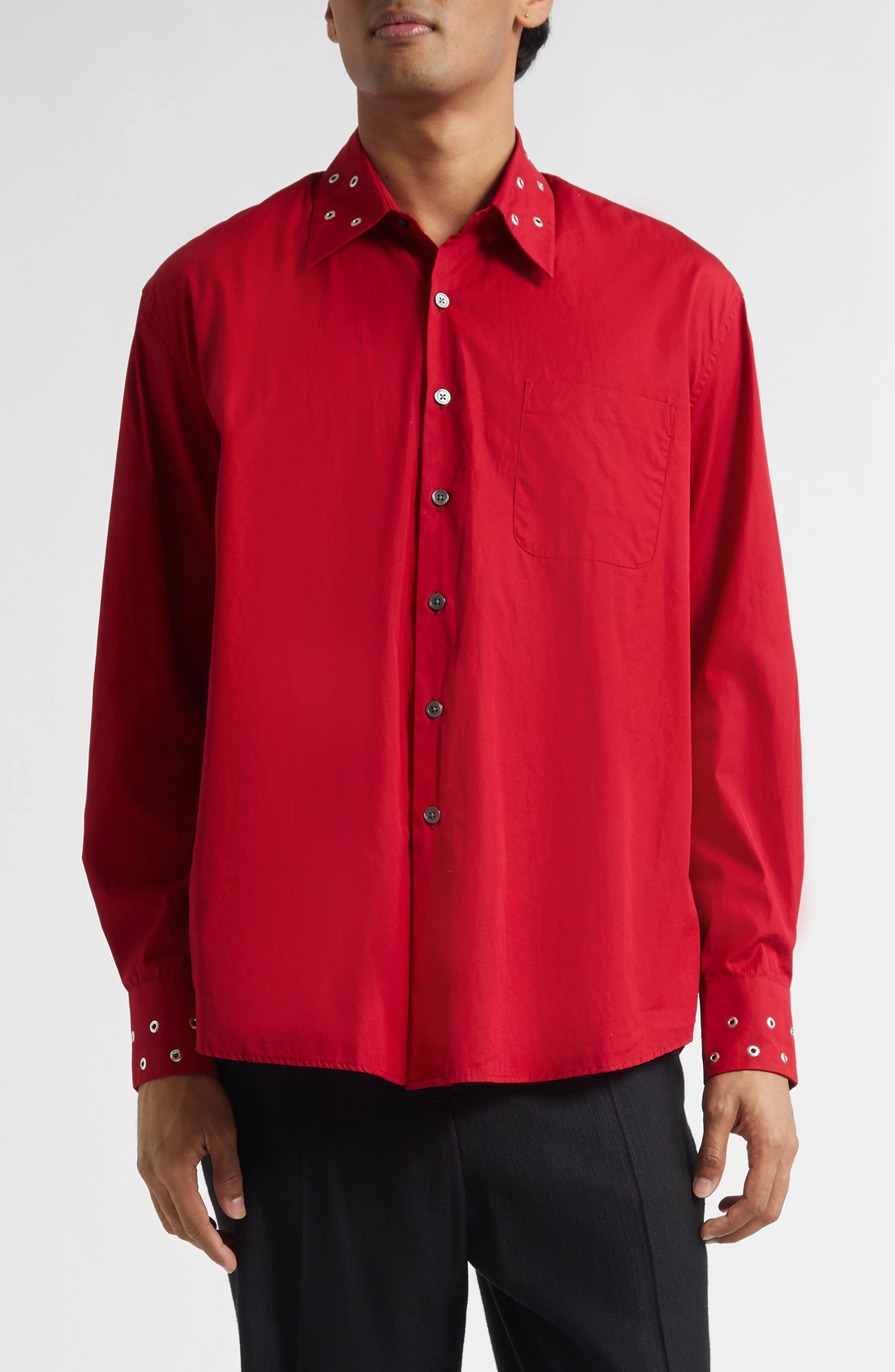 OUR LEGACY Above Grommet Detail Cotton Poplin Button-Up Shirt in Lipstick Red Super Poplin at Nordst - 1