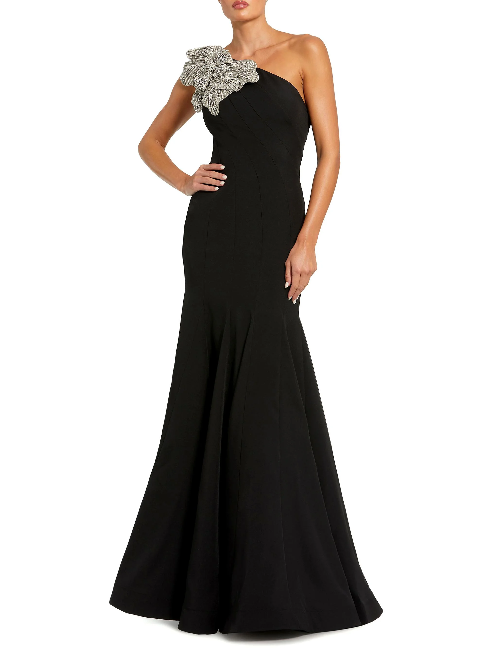Women's Seamed Crepe One-Shoulder Gown - Black - 1