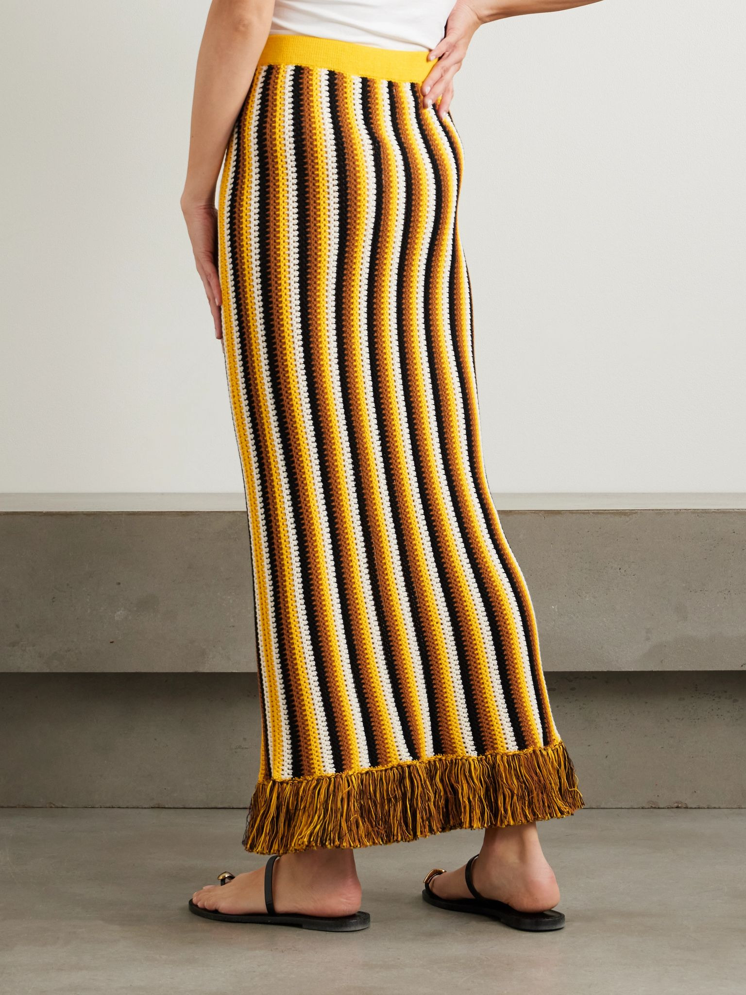 Misti fringed striped crocheted cotton maxi skirt Yellow - 4
