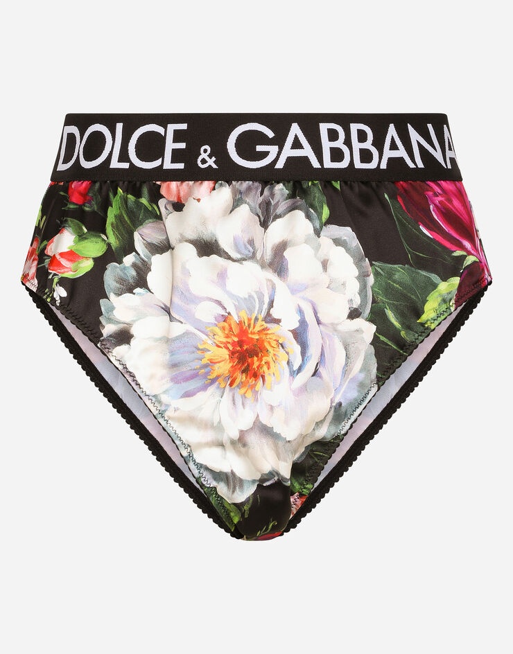 High-waisted satin briefs with pictorial floral print - 1