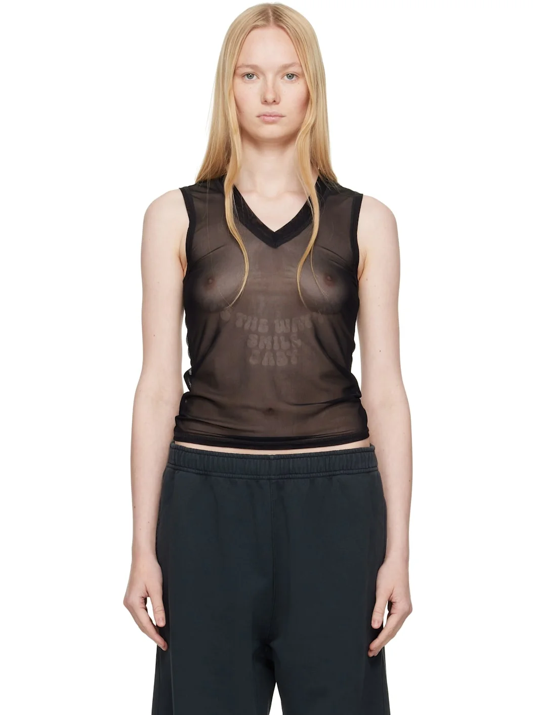 Black Elastic Jersey Mesh Tank Top - 1