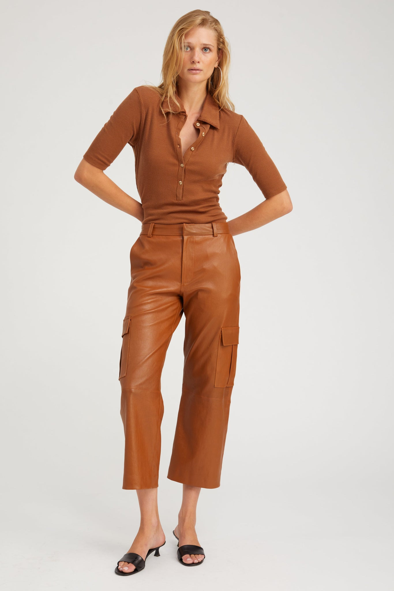 CHESTNUT RIB MID SLEEVE POLO TOP - 2