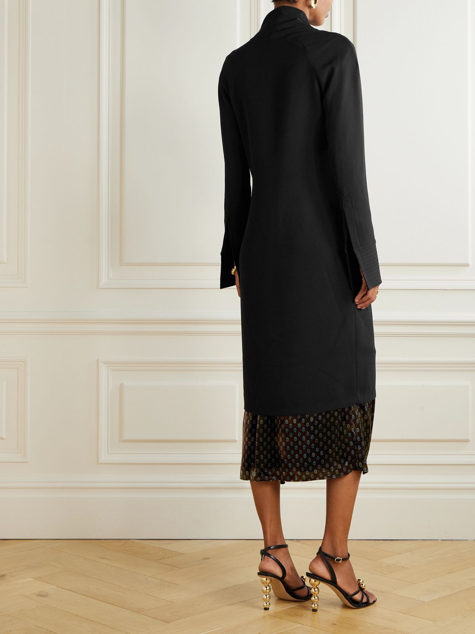 Layered draped crepe and printed satin midi dress Black - 3