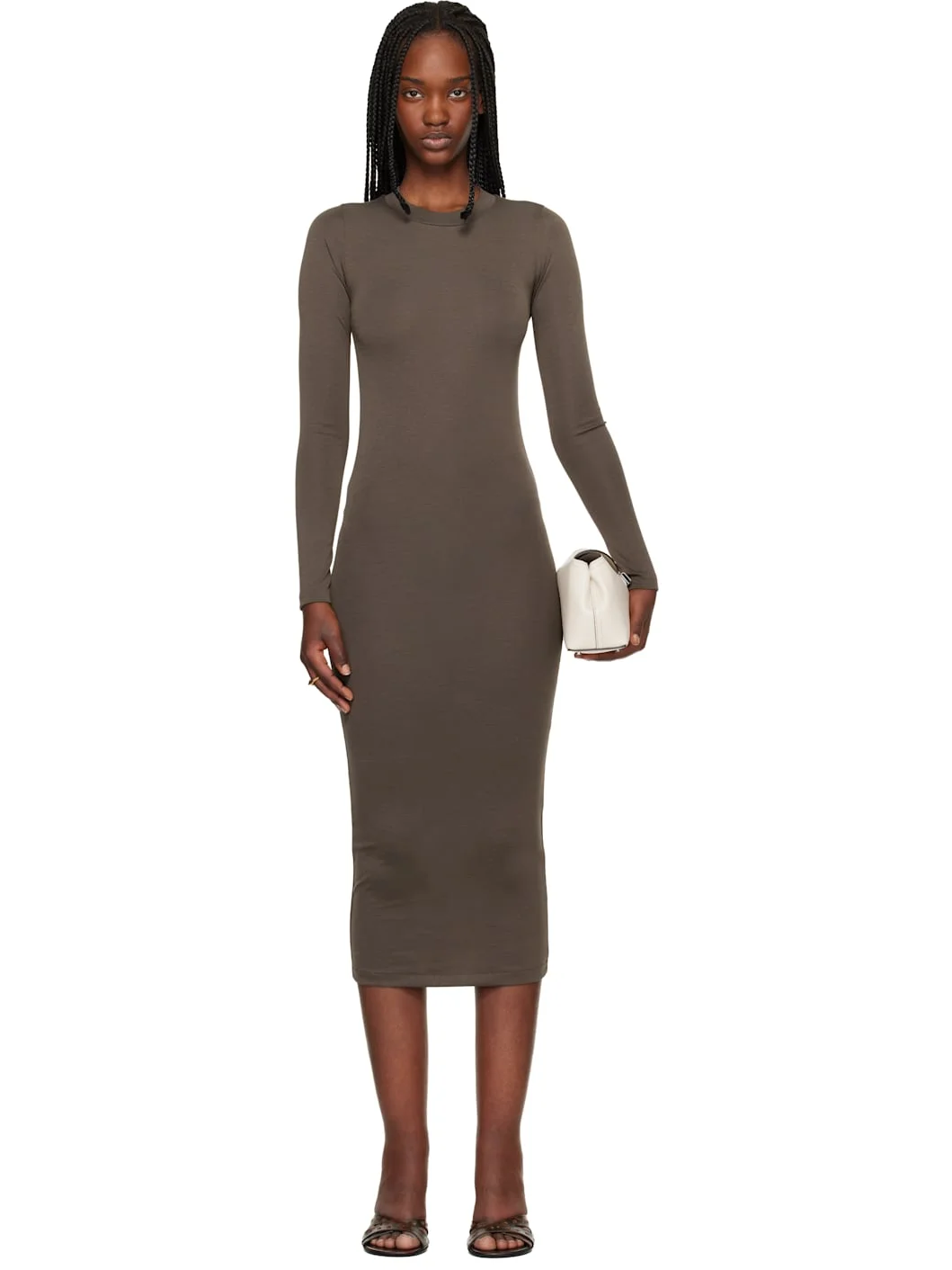 Brown Fitted Long Sleeve Maxi Dress - 1