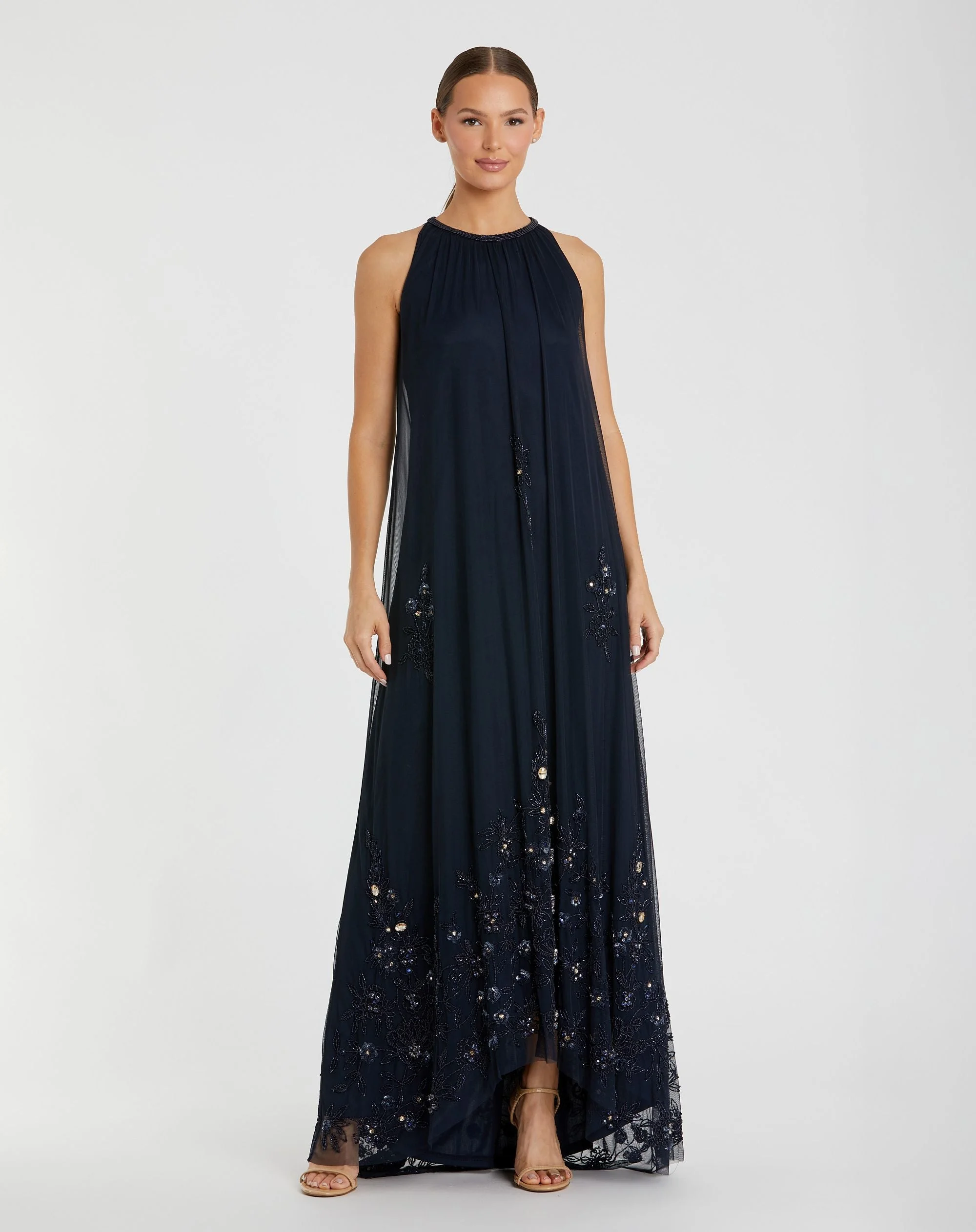 Navy High Neck Floral Embellished Trapeze Gown - 1