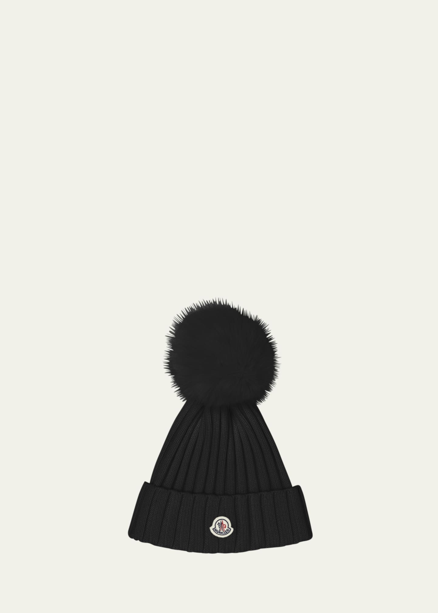 Ribbed Logo Beanie with Faux Fur Pom - 1