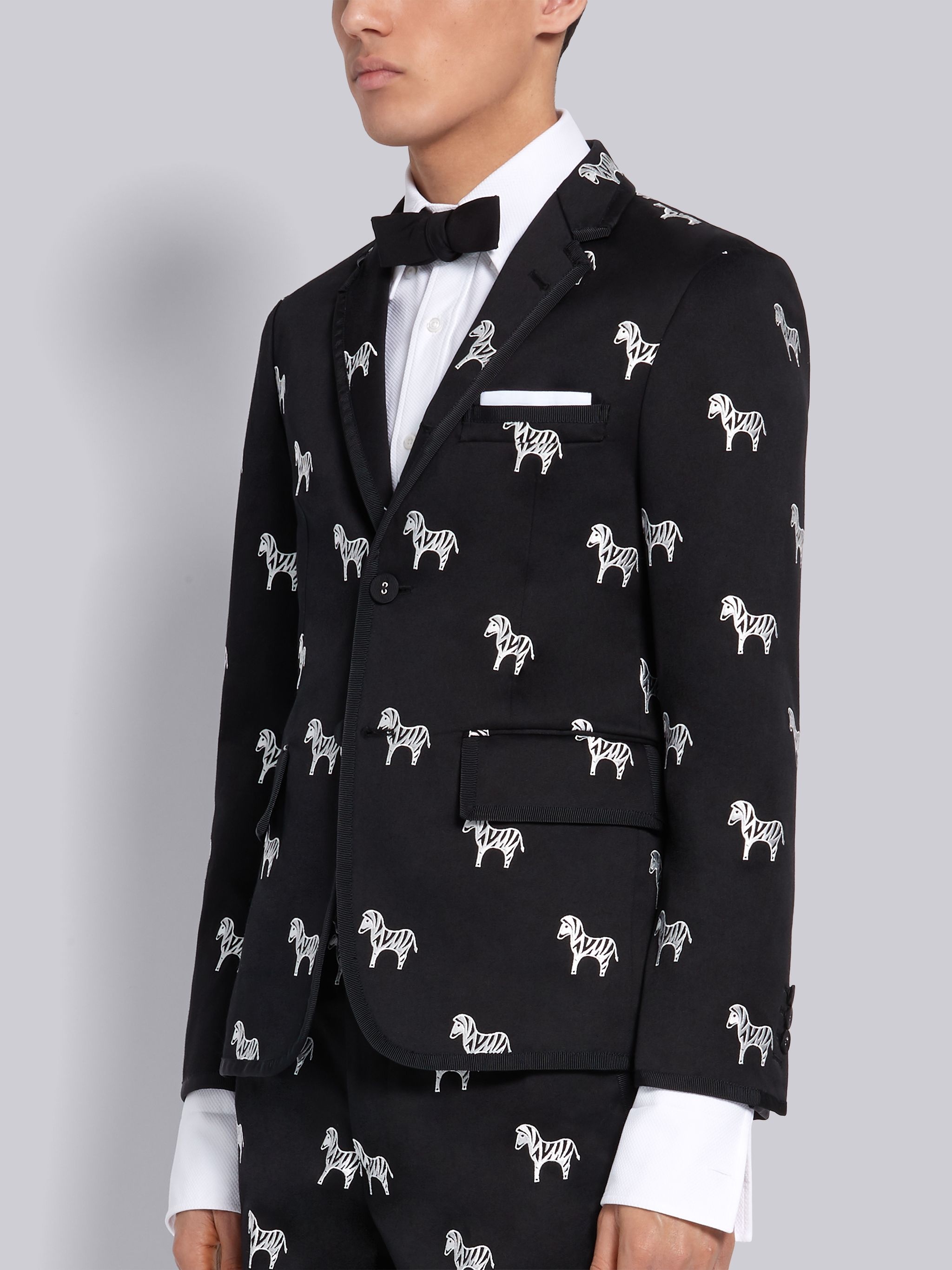 Black Cotton Twill Zebra Icon Embroidered Classic Tipped Sport Coat - 3