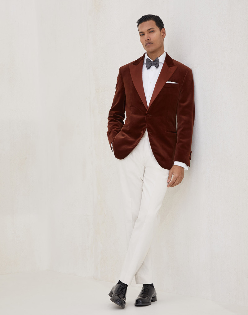Sea Island cotton narrow wale corduroy tuxedo trousers with pleat and waist tabs 4