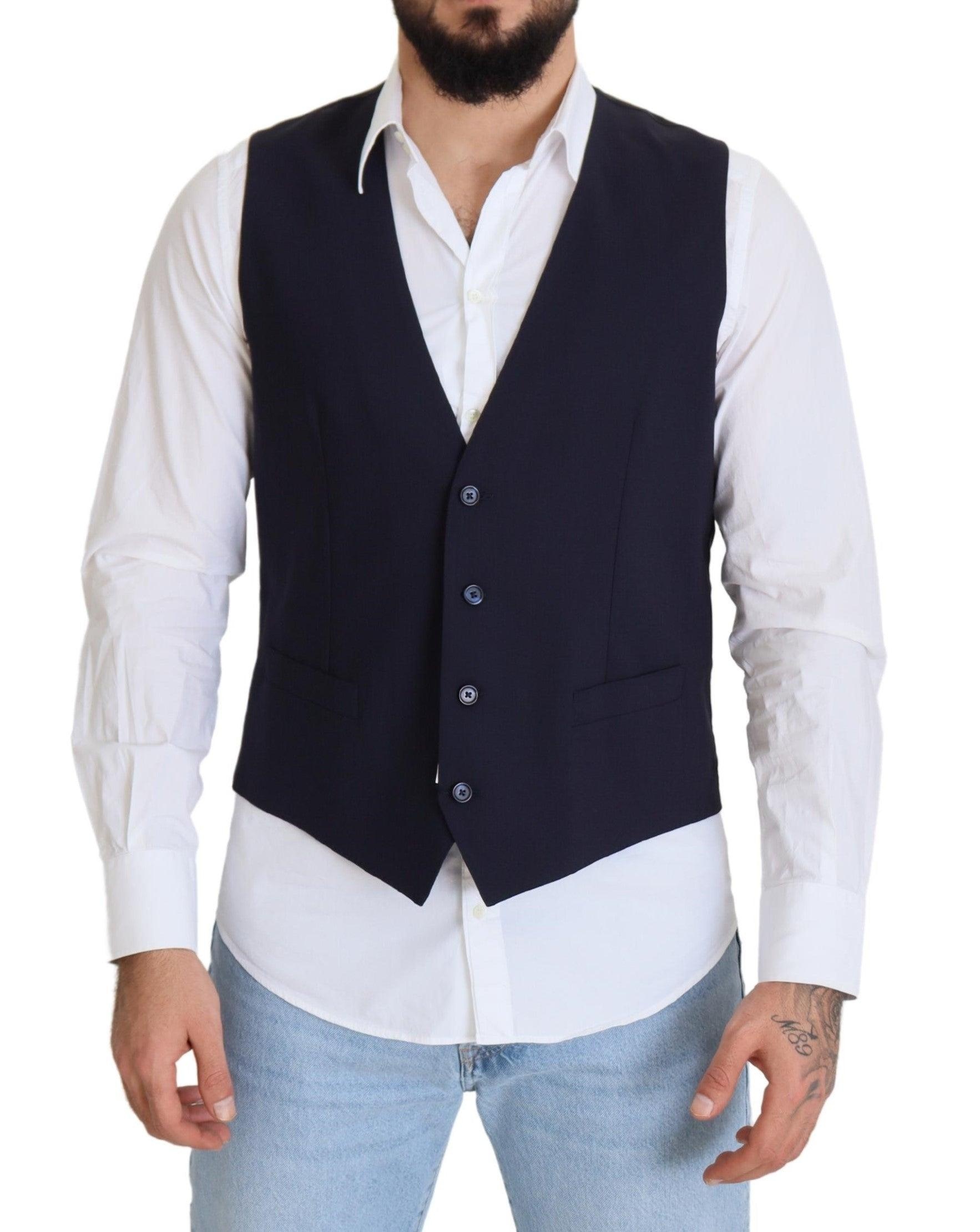 Dolce & Gabbana Dark Blue Wool Stretch Waistcoat Formal Vest - 1