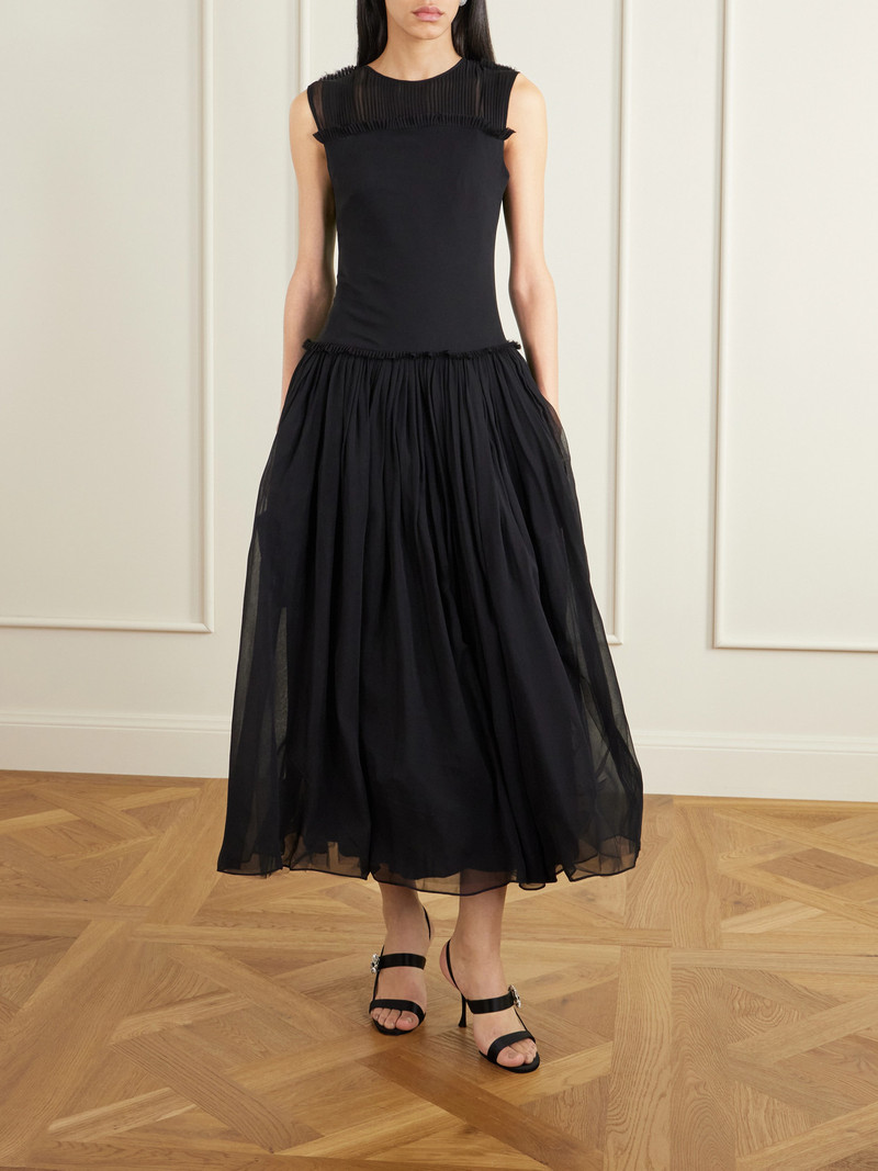ABADIA Plissé Chiffon-trimmed Silk-satin Midi Dress outlook