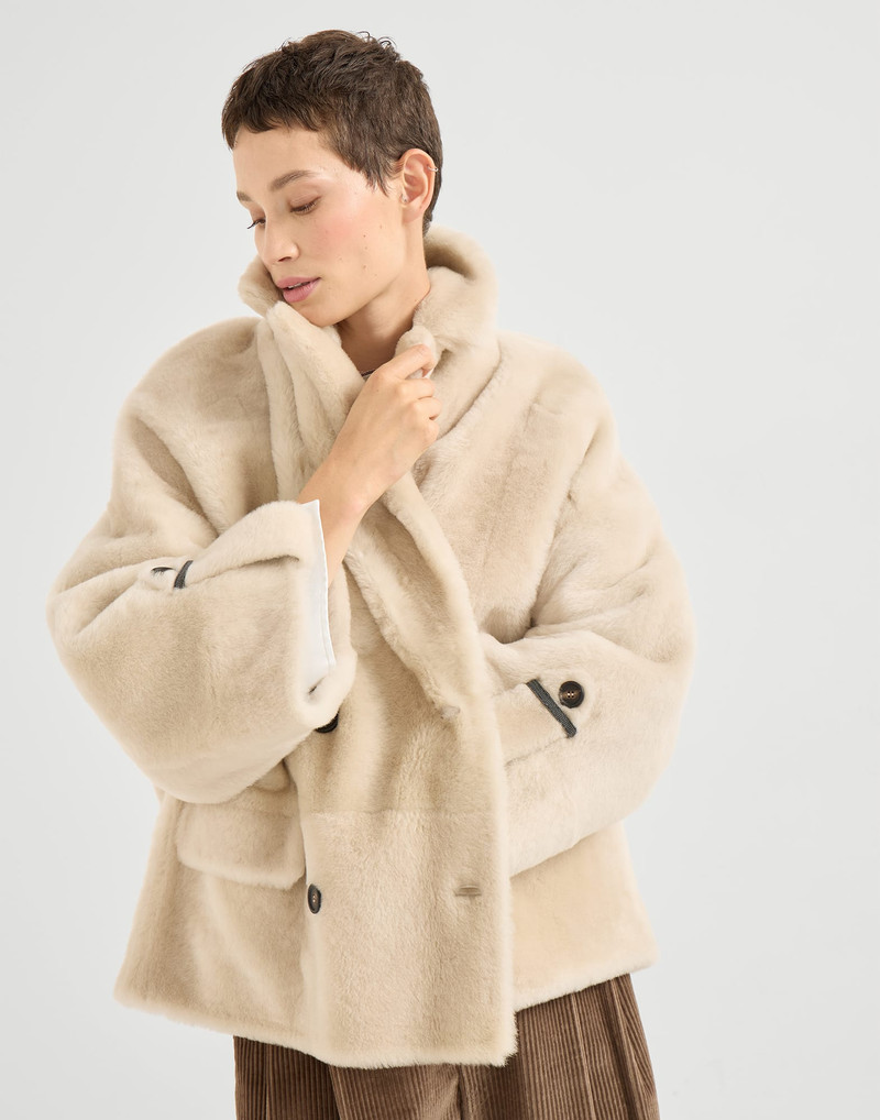 Reversible shearling outerwear jacket with shiny cuff details 4